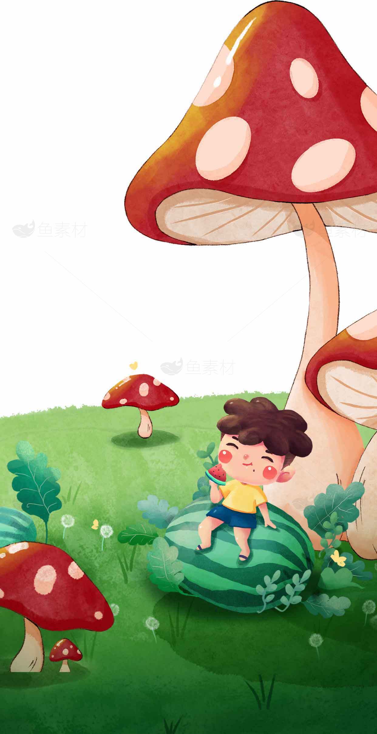 童话森林中的蘑菇与小精灵插画素材