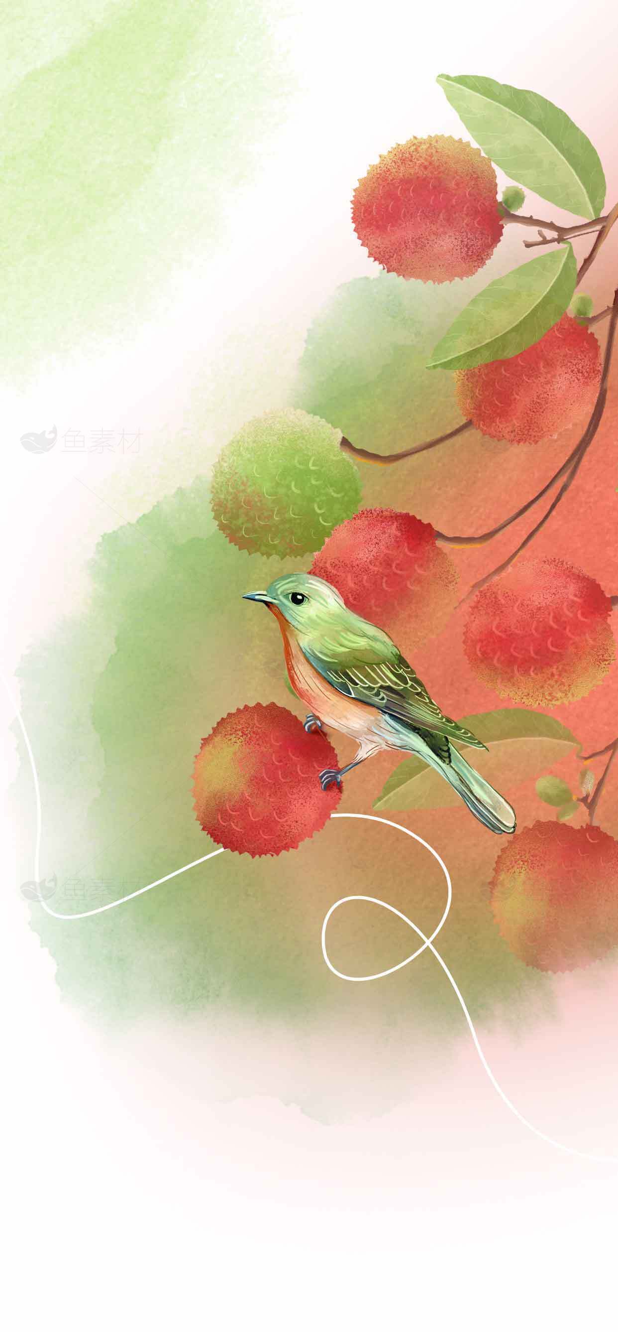 清新自然风格插画：绿鸟与红果的唯美邂逅素材