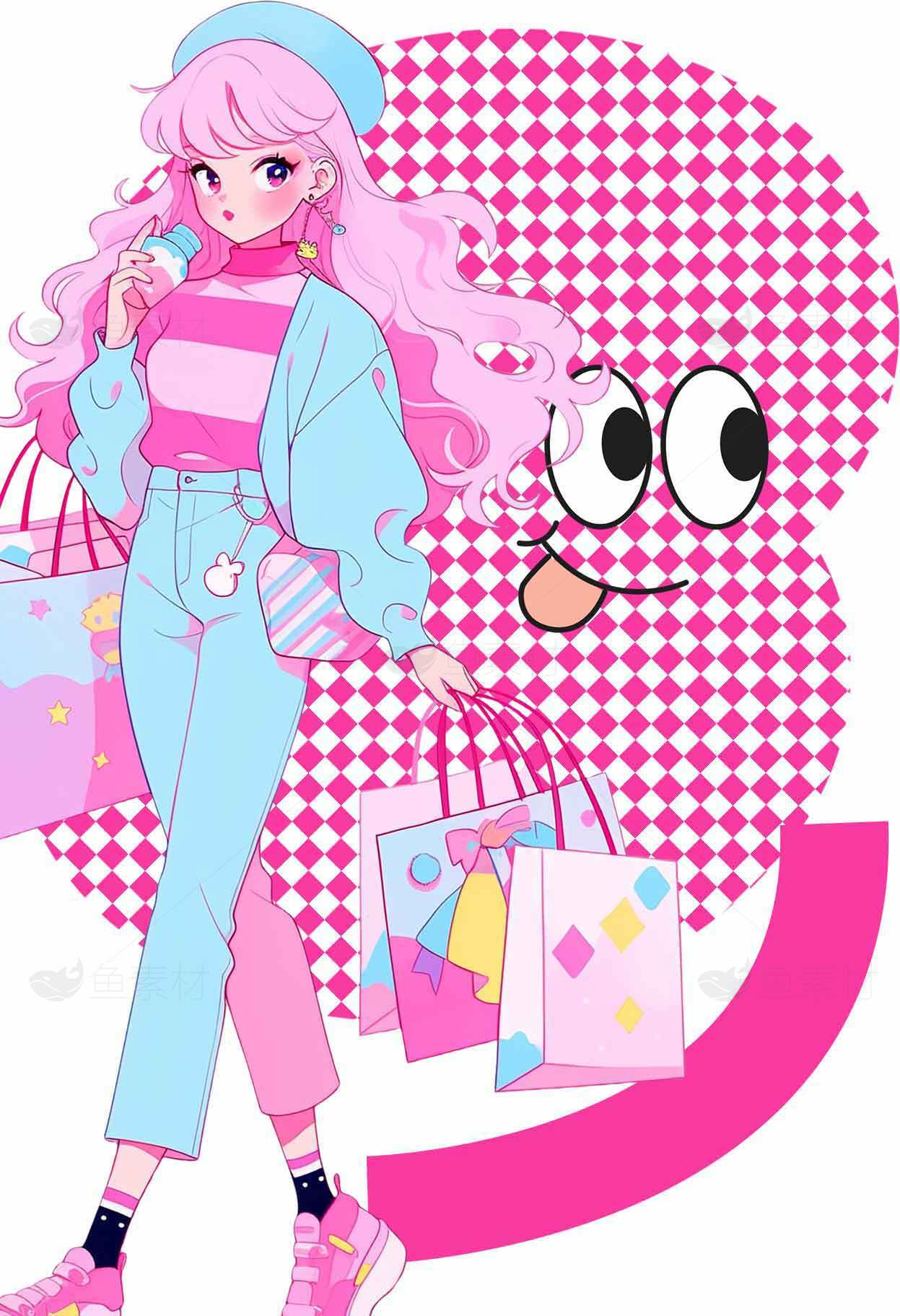 粉色与蓝色的时尚插画购物女孩素材