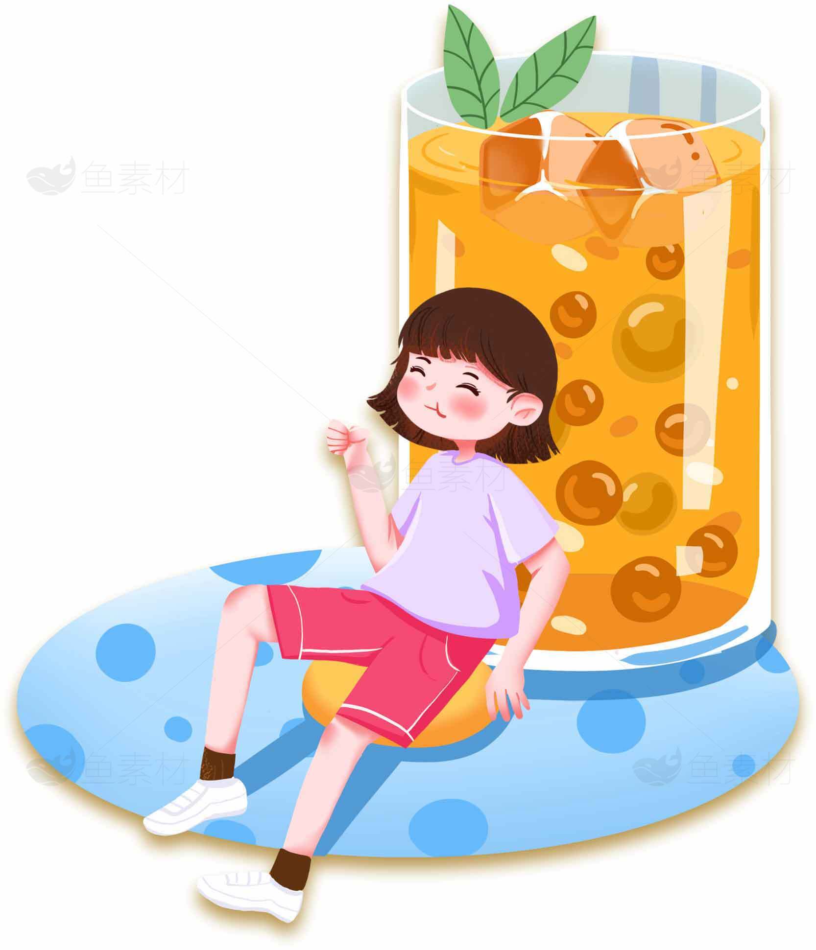 夏日清凉饮品插画：珍珠奶茶与休闲时光素材