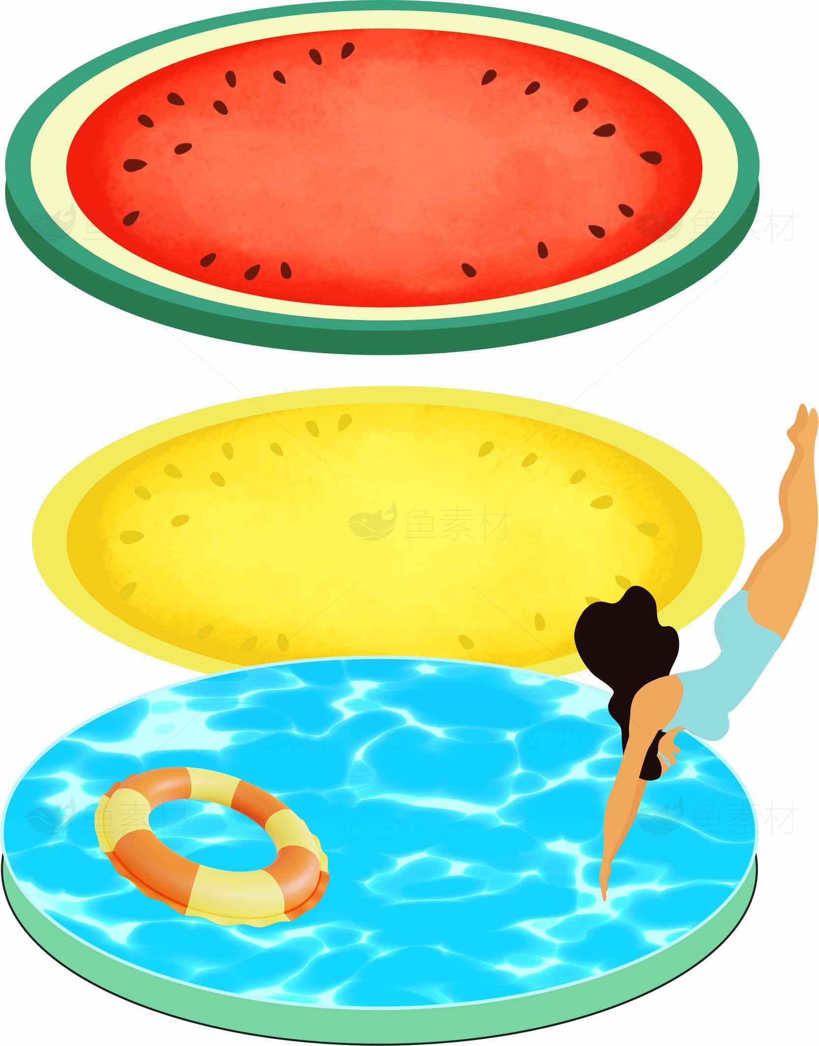 夏日水果与泳池趣味插画设计素材