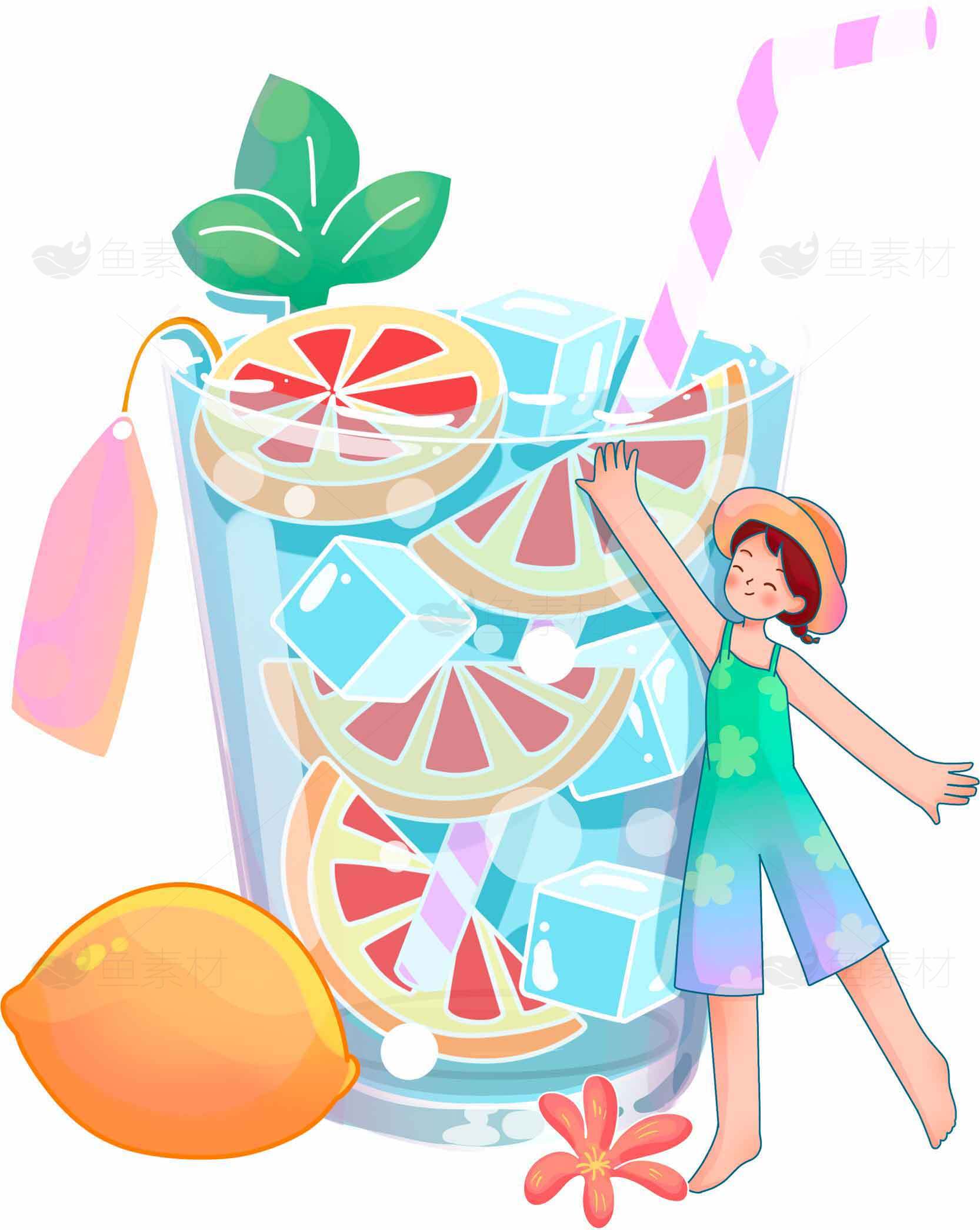 夏日清凉柠檬水果饮品插画素材