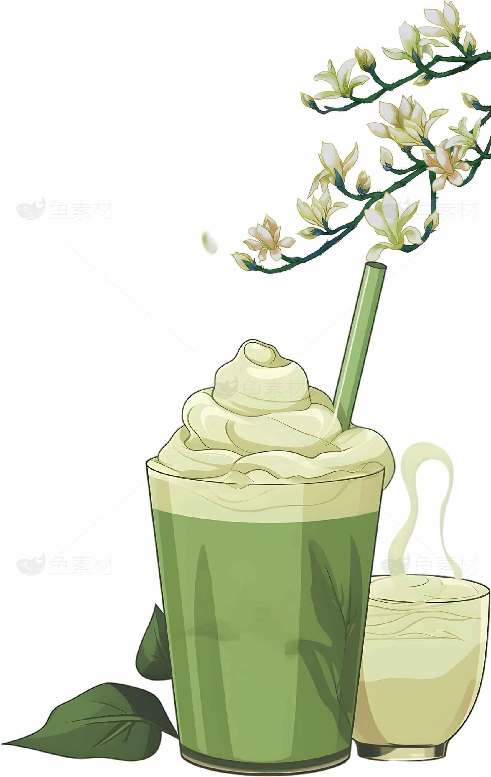 抹茶奶昔与花卉装饰的清新饮品插画素材