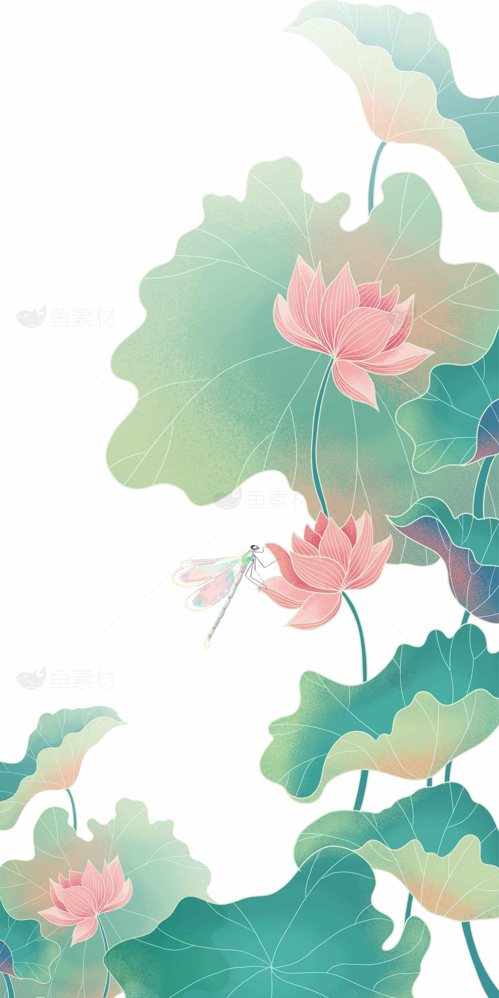 唯美蜻蜓与荷花插画背景高清图片素材