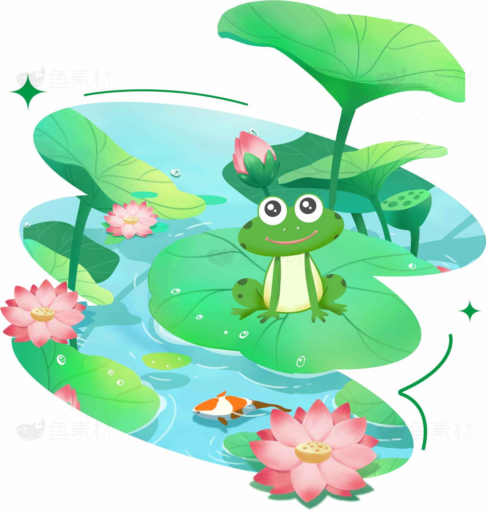 卡通青蛙荷叶池塘插画图片素材