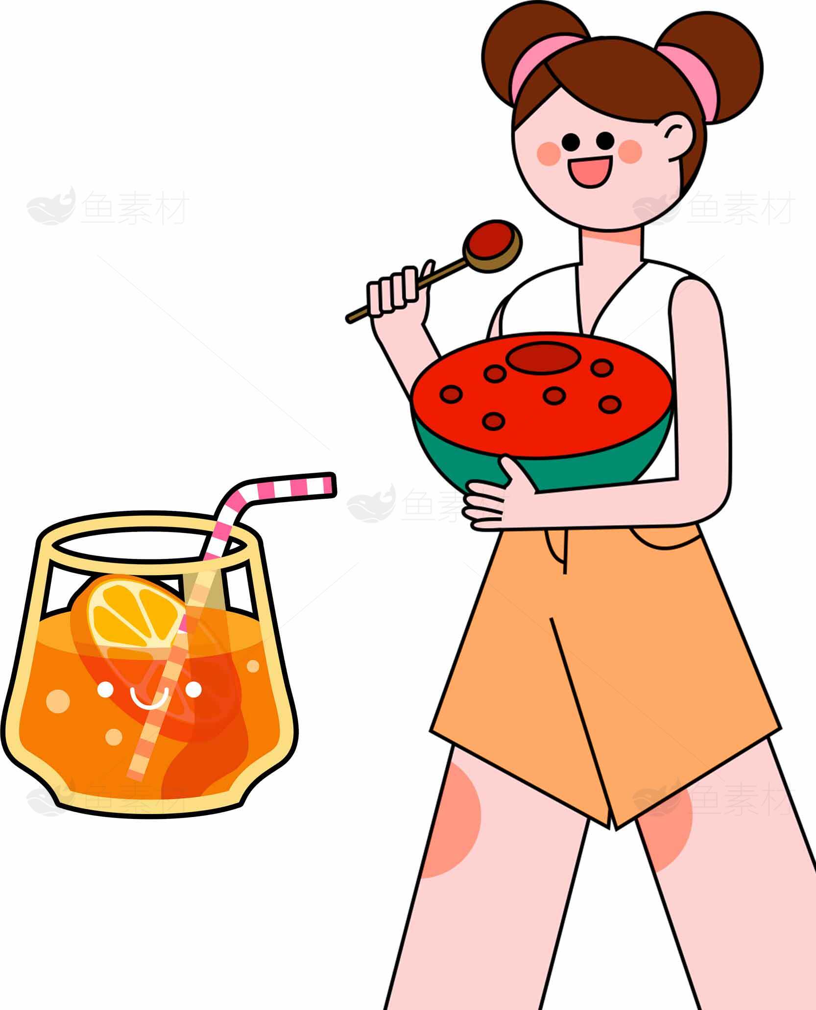 夏日清凉水果饮品与西瓜女孩插画素材