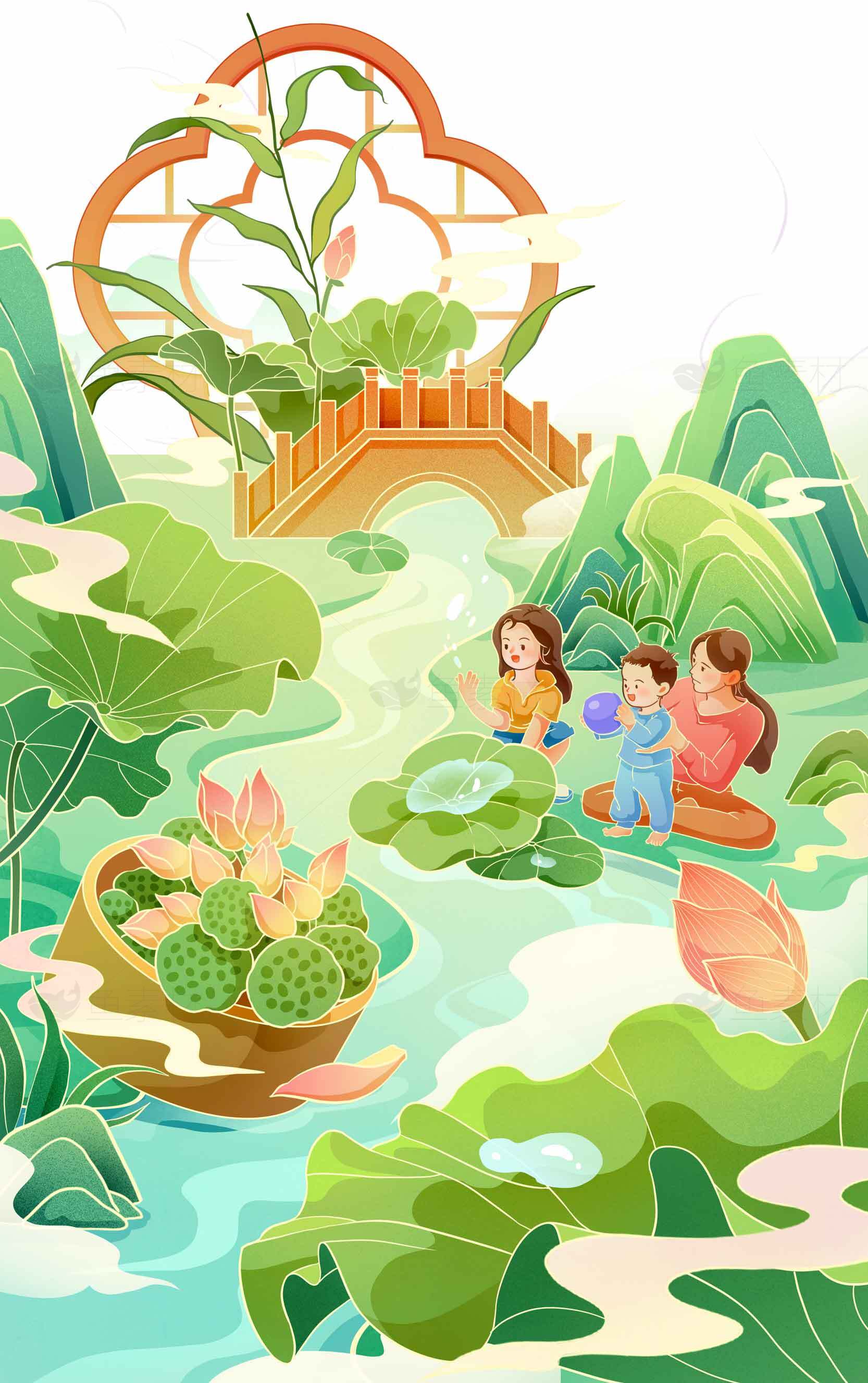 夏日荷塘亲子游插画设计素材