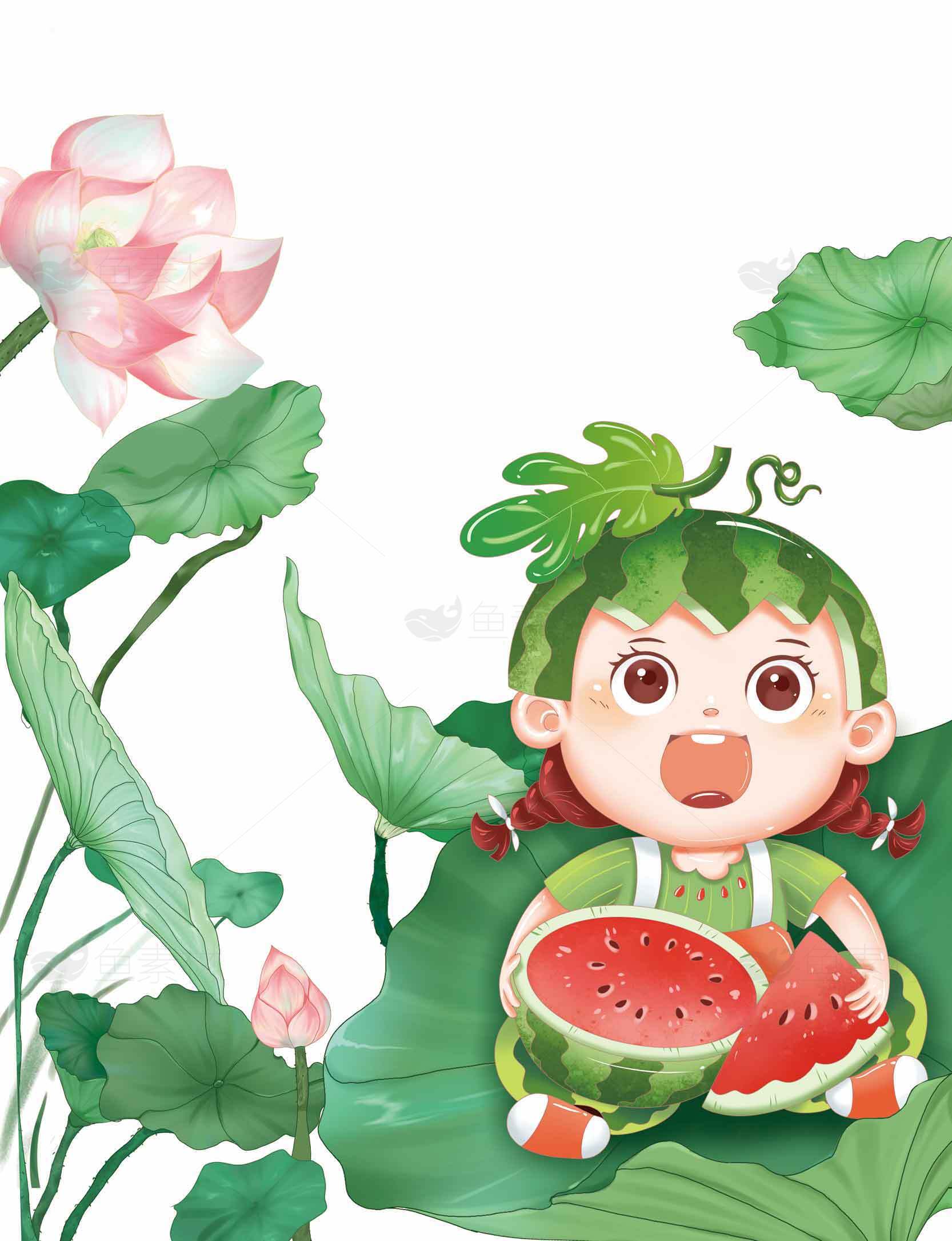 夏日荷叶与西瓜主题插画素材