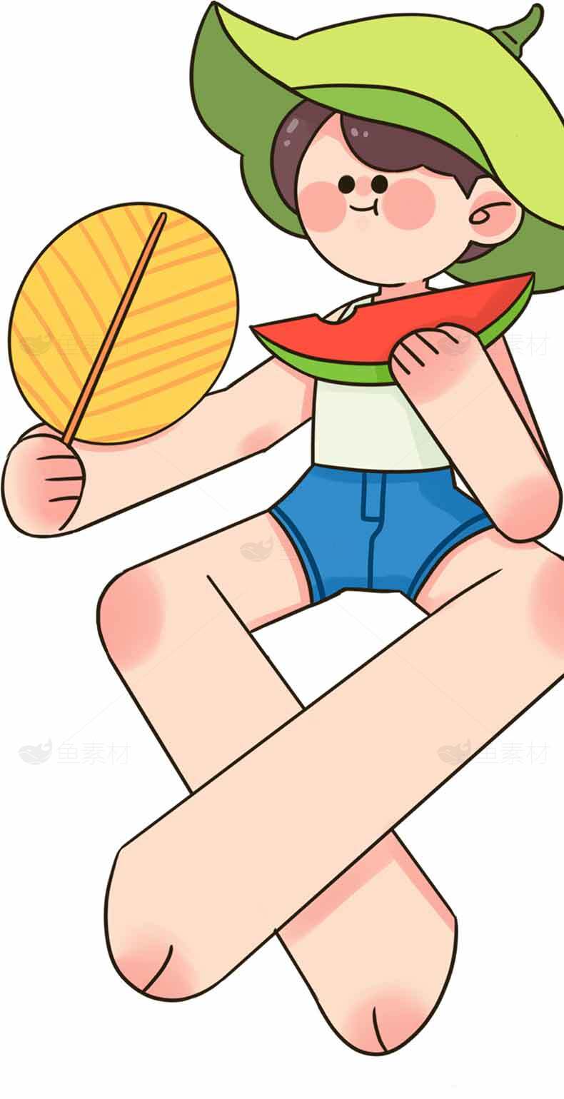 夏日清新插画：吃西瓜的可爱女孩素材