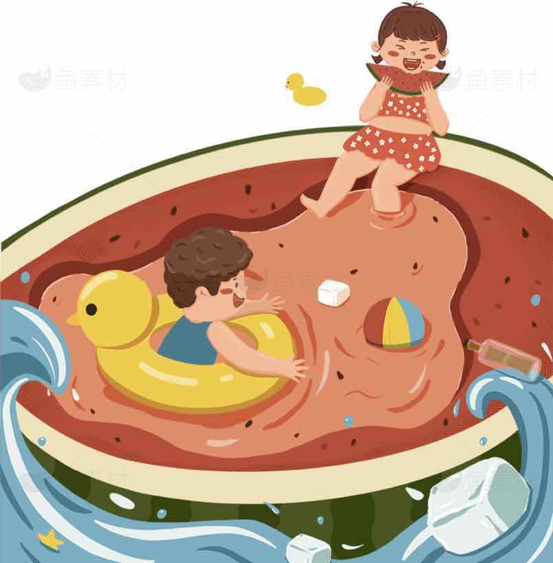 夏日西瓜泳池趣味插画素材