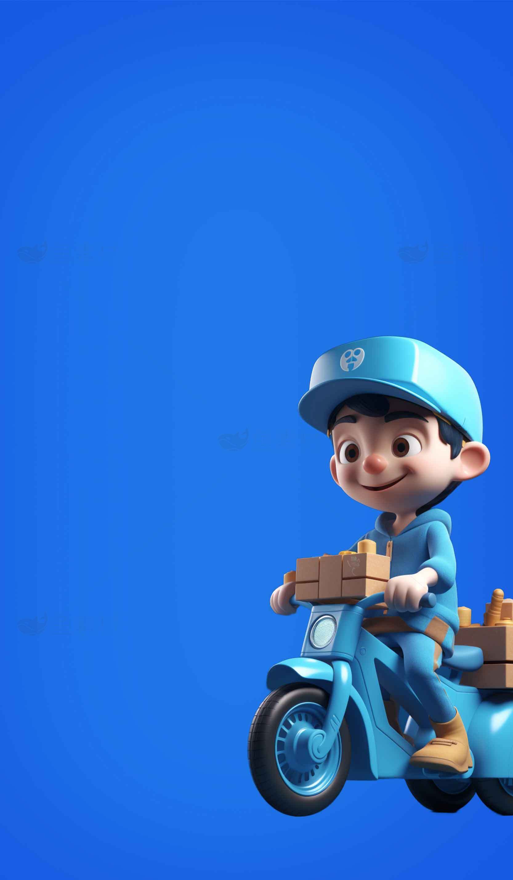 快递员卡通形象与蓝色背景设计素材