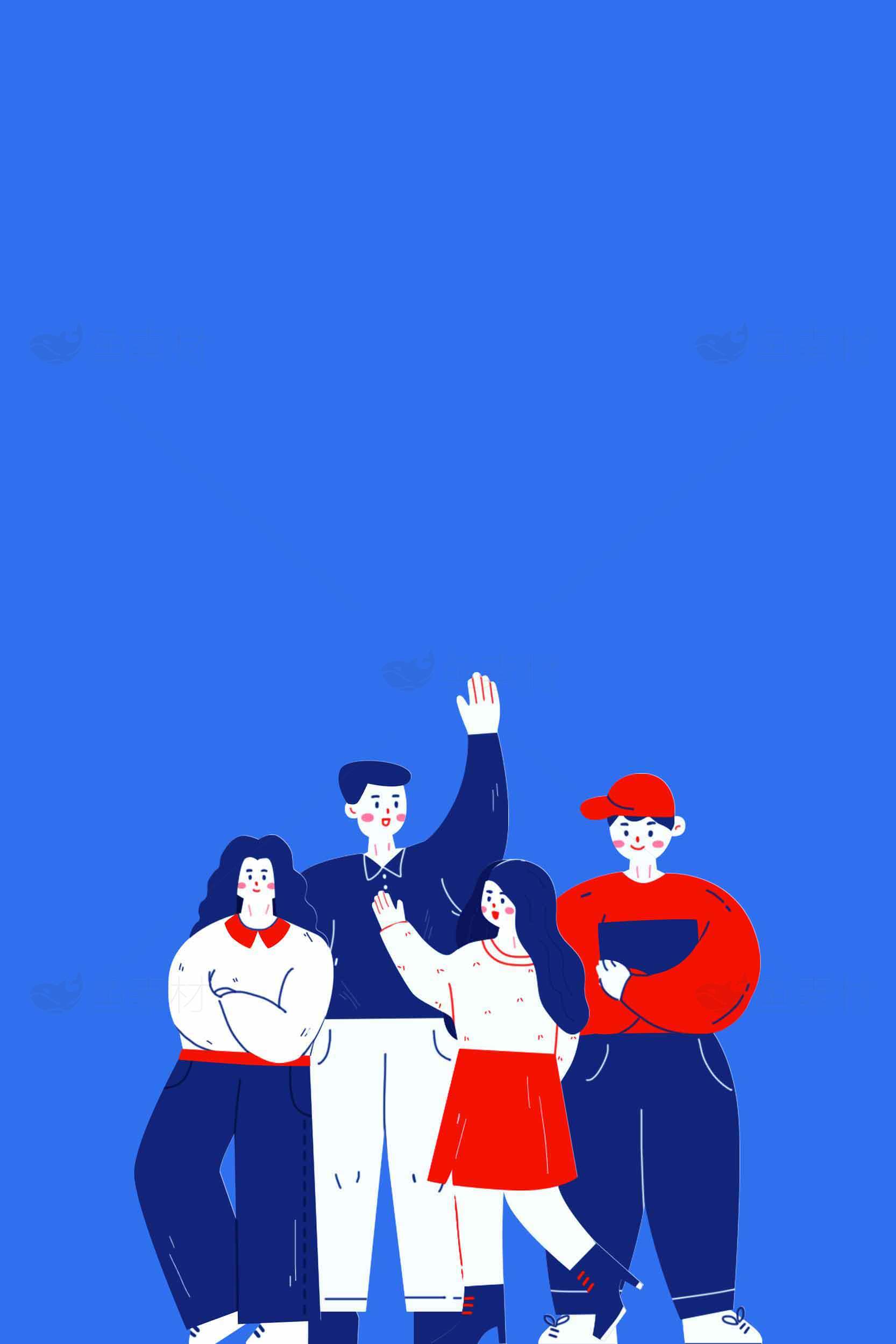 团队合作插画设计：蓝色背景与红白配色的创意艺术素材
