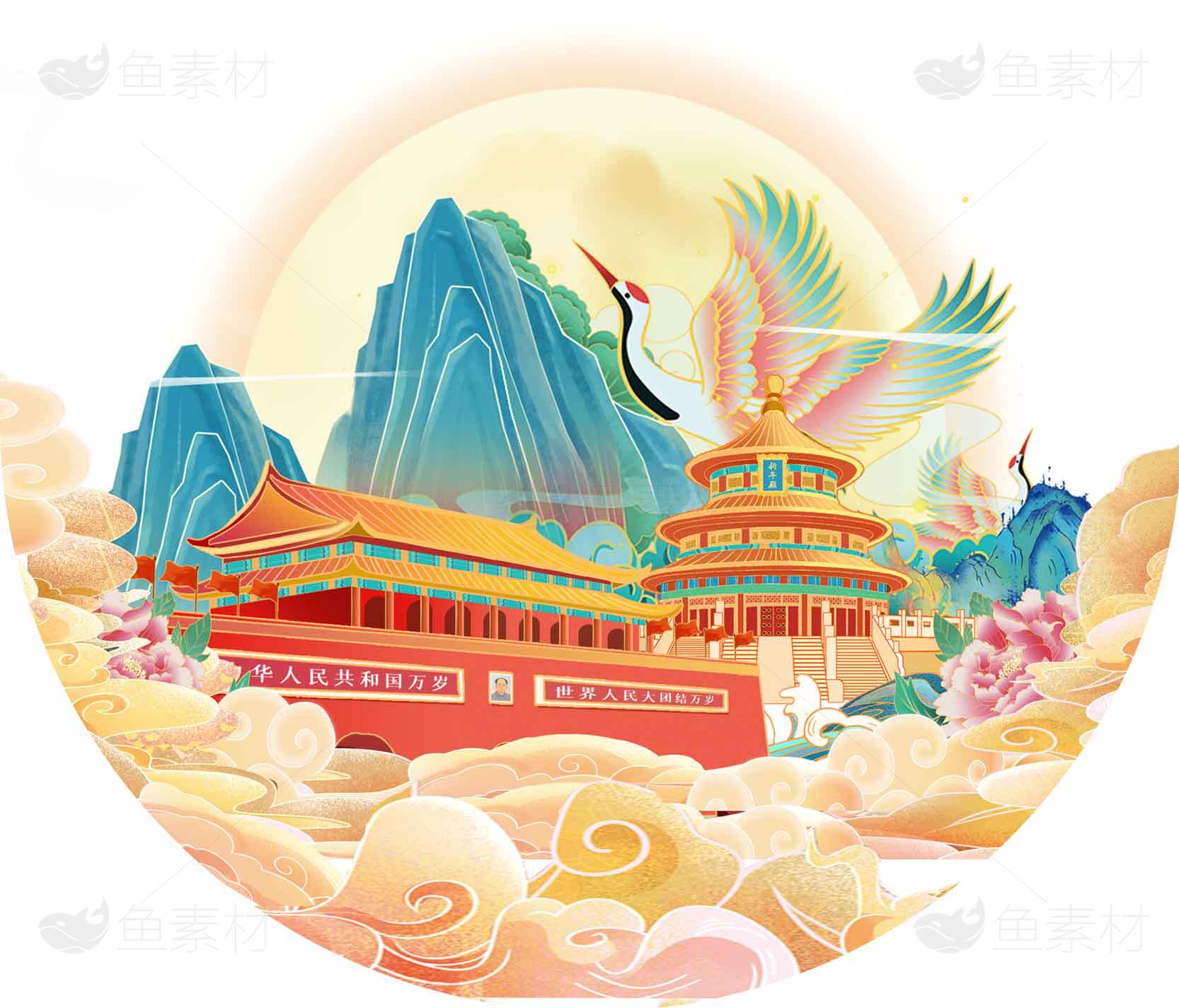 中国传统山水画风格插画：仙鹤与古建筑素材