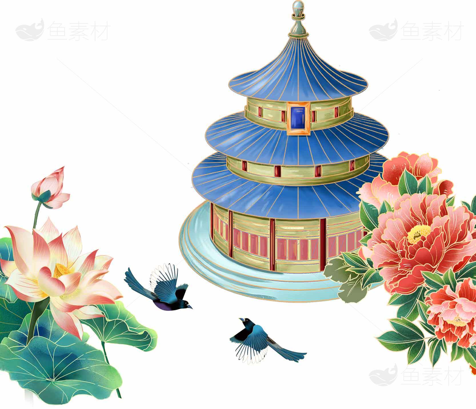 中国传统建筑与花鸟元素插画素材