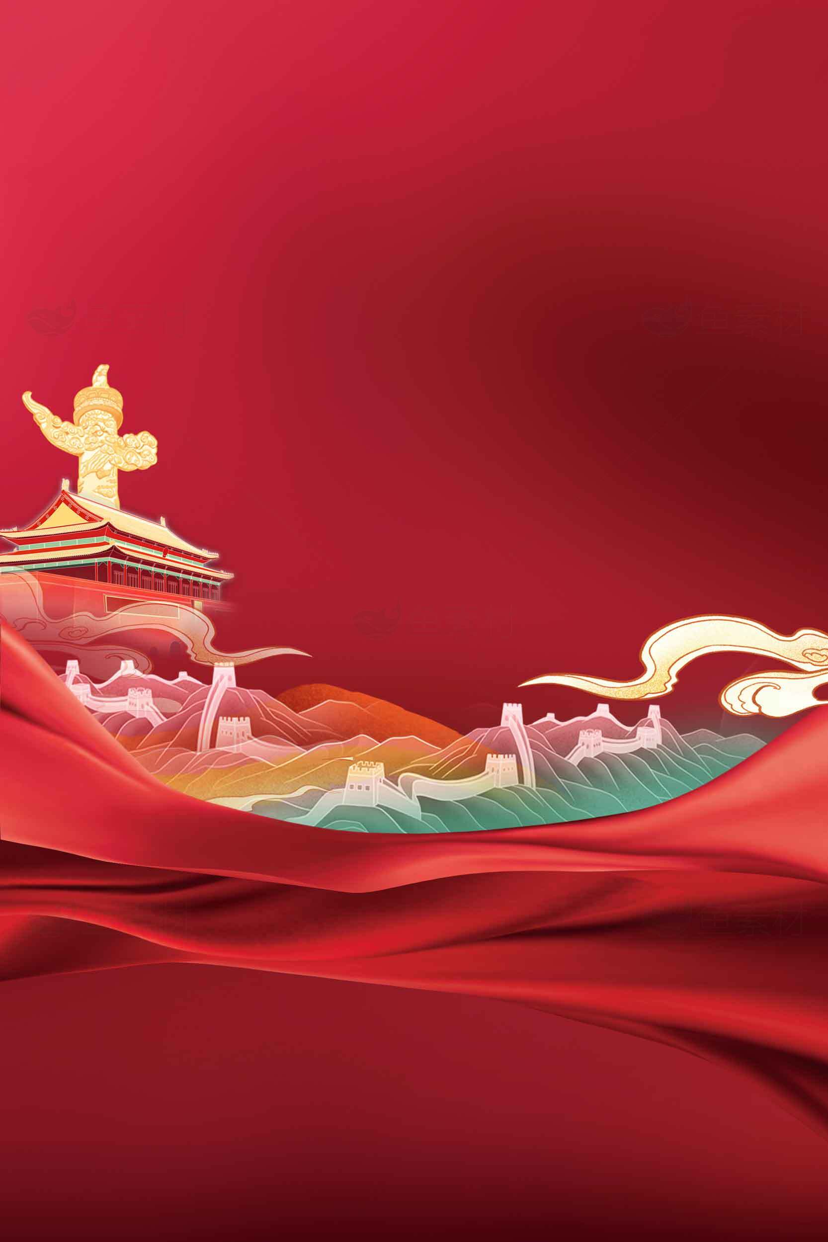 中国传统红色背景与山水元素设计素材