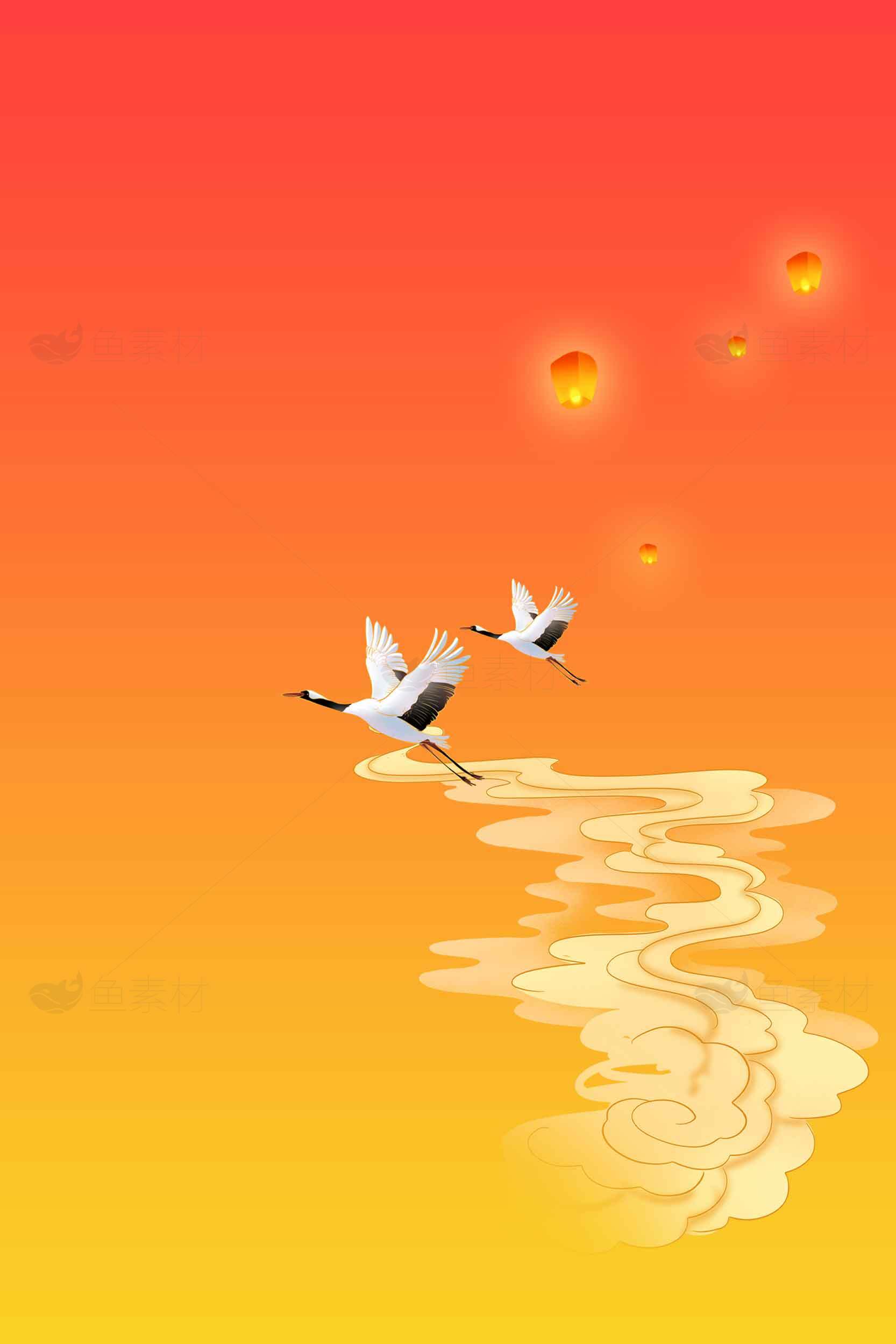 夕阳下的仙鹤与灯笼唯美意境图素材
