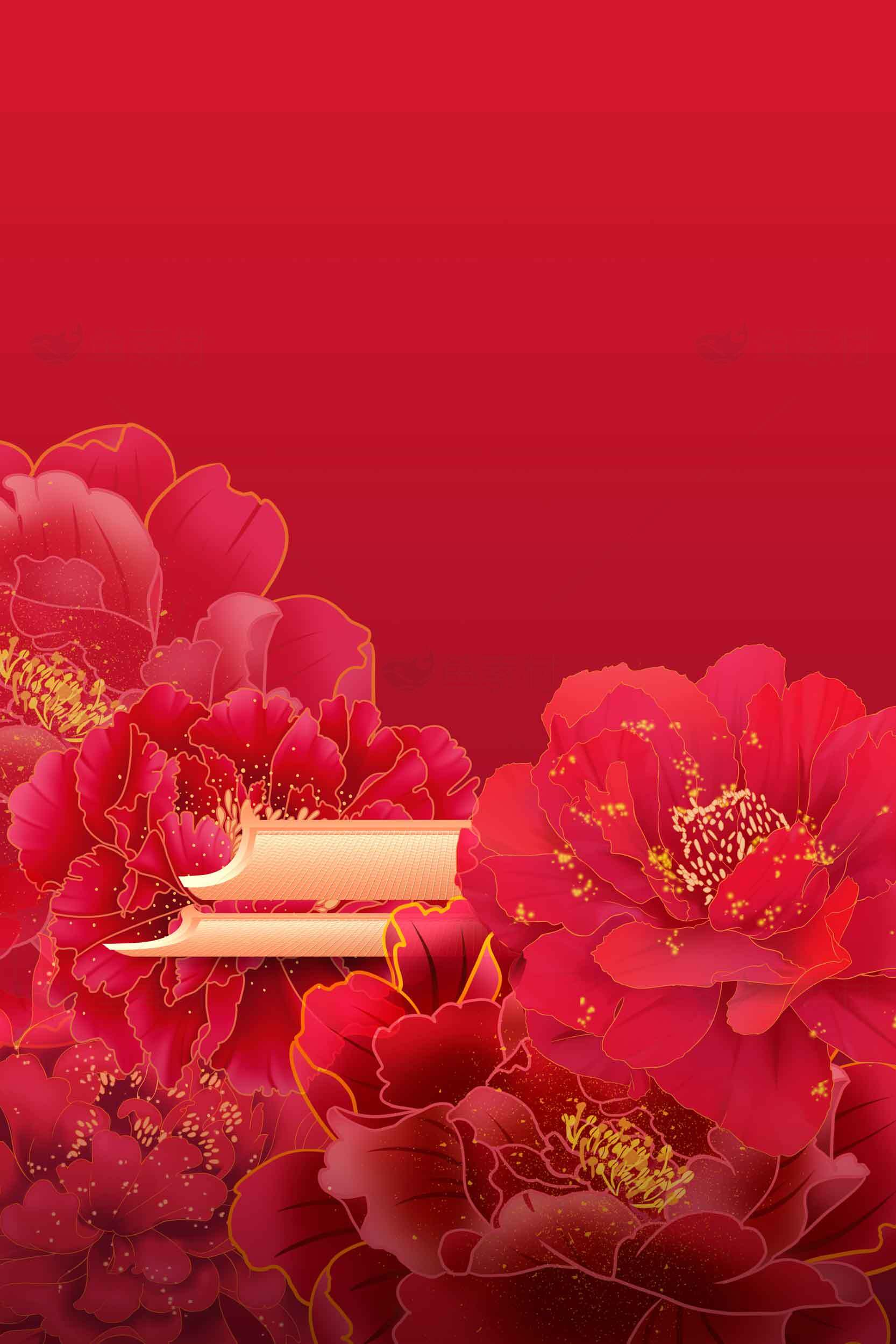 红色背景与牡丹花设计图片素材
