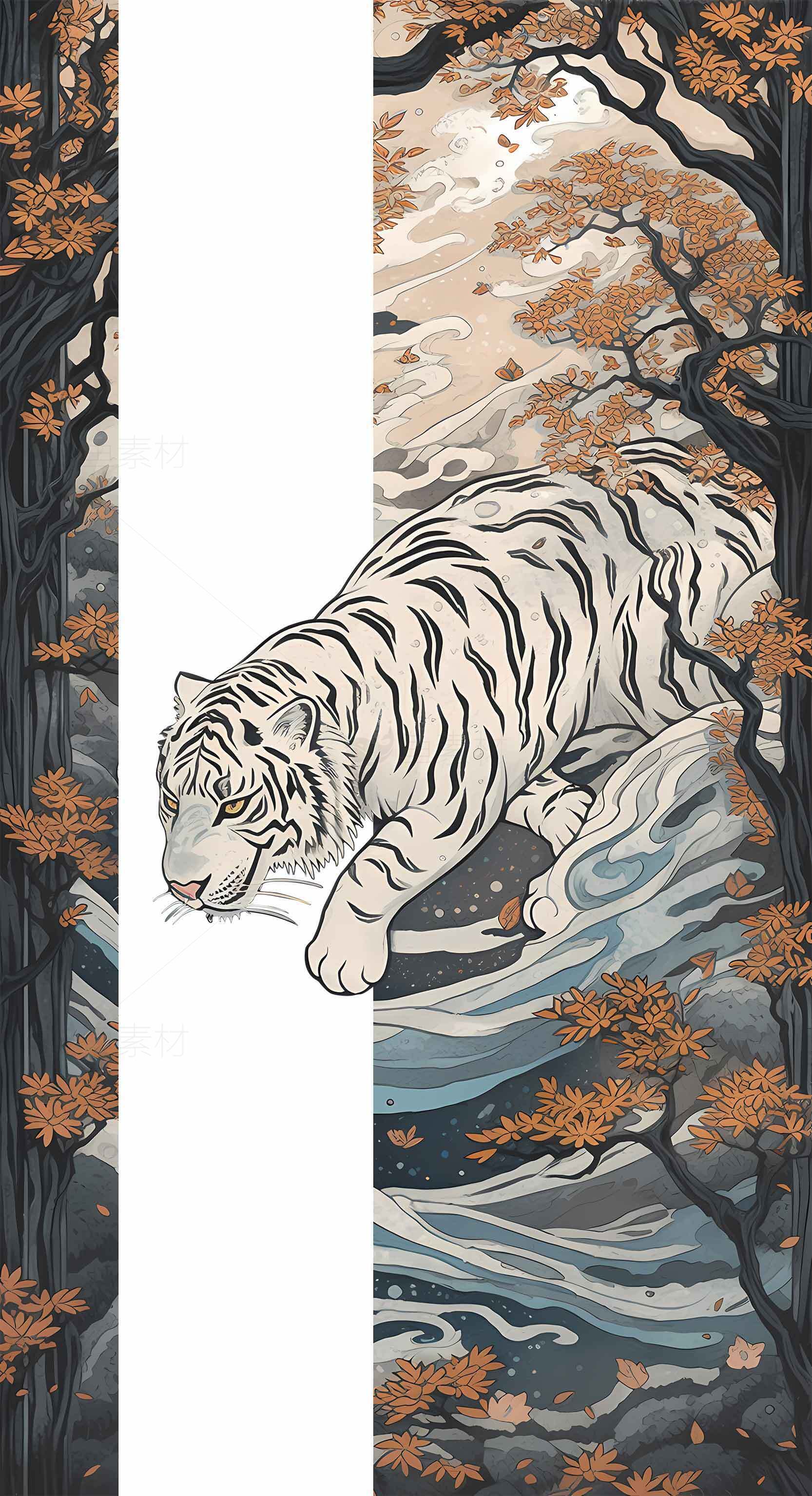 白虎与秋景插画艺术素材