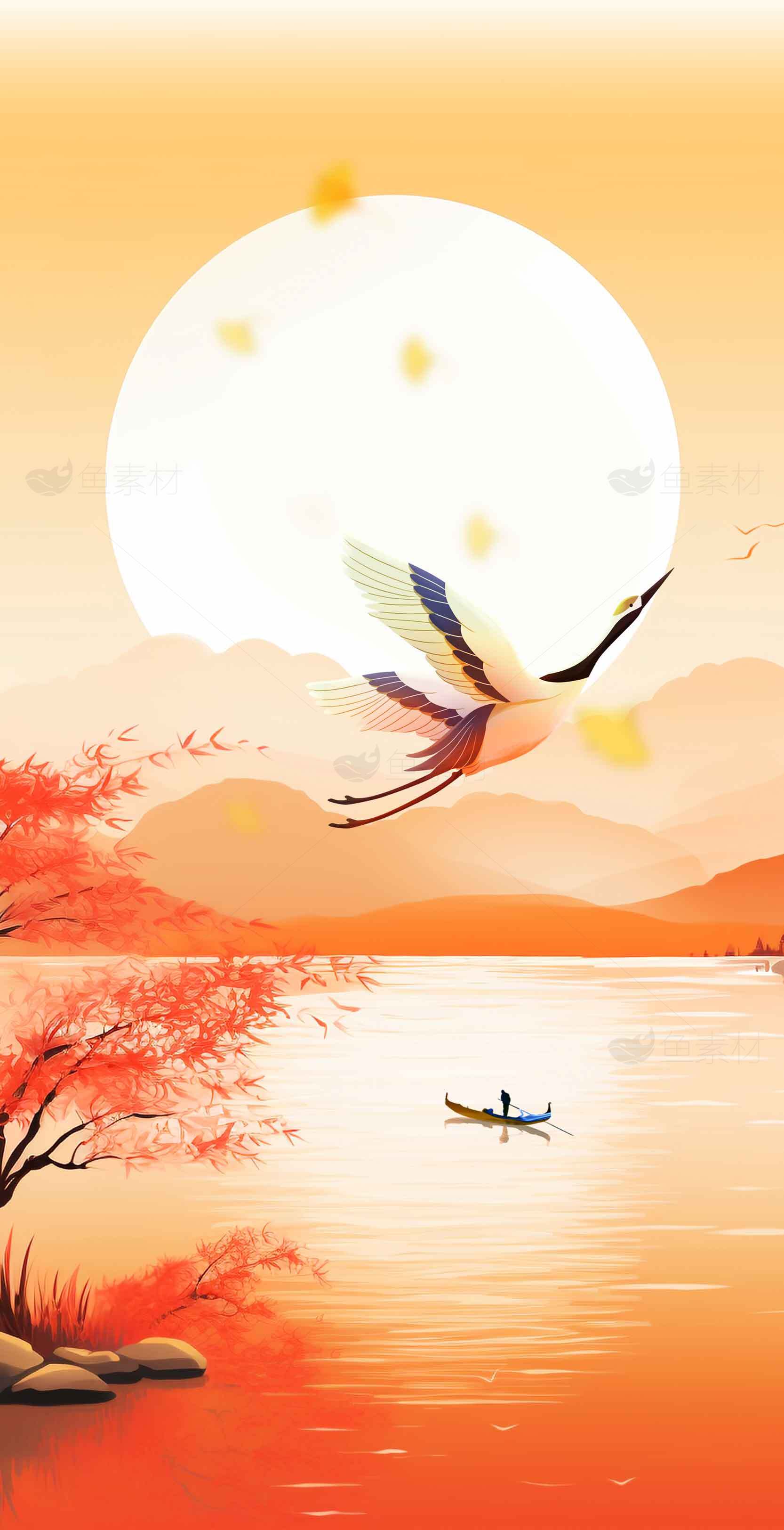 唯美秋日湖景与飞鹤插画素材