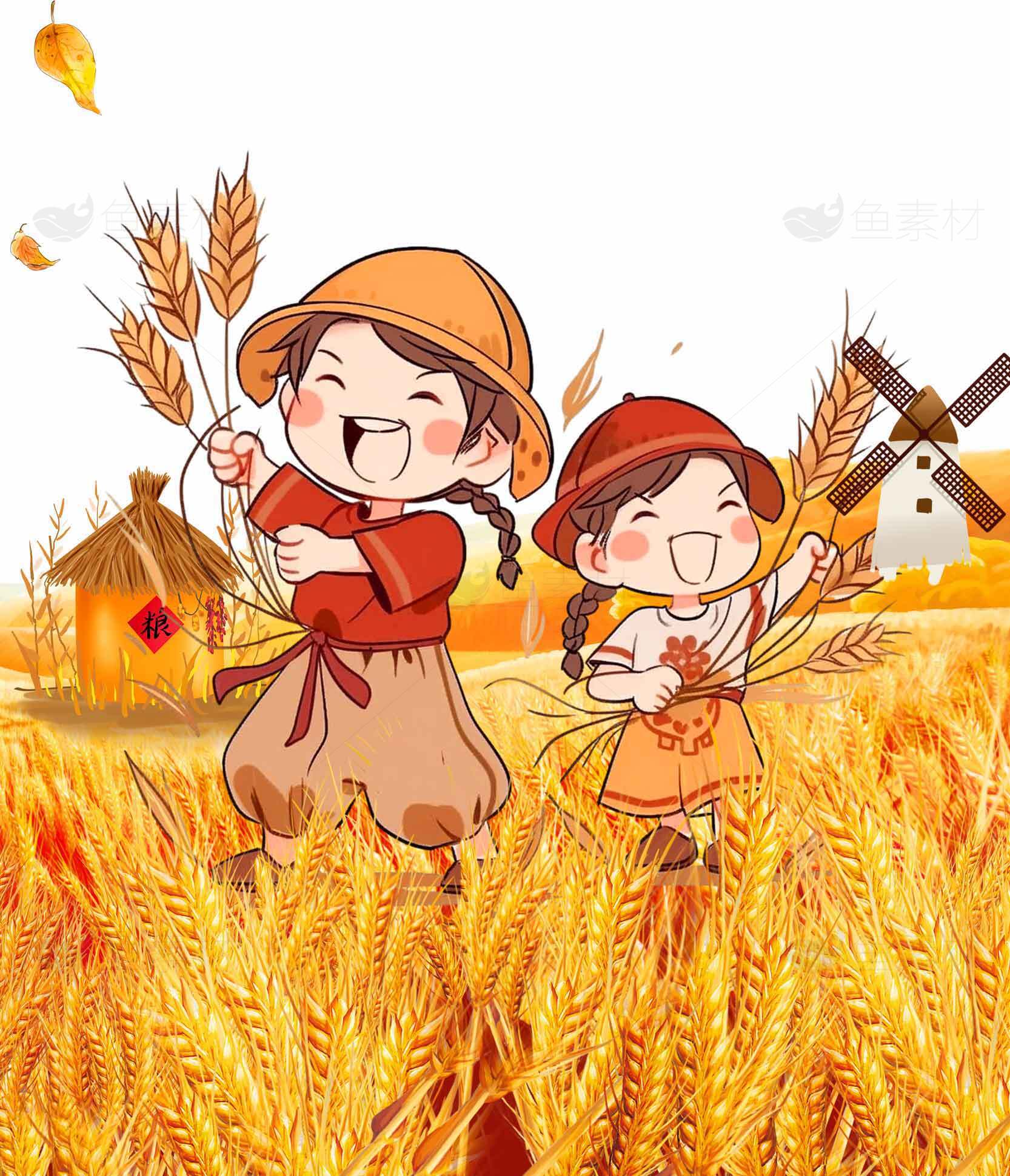 丰收季节的童趣插画：麦田里的快乐时光素材