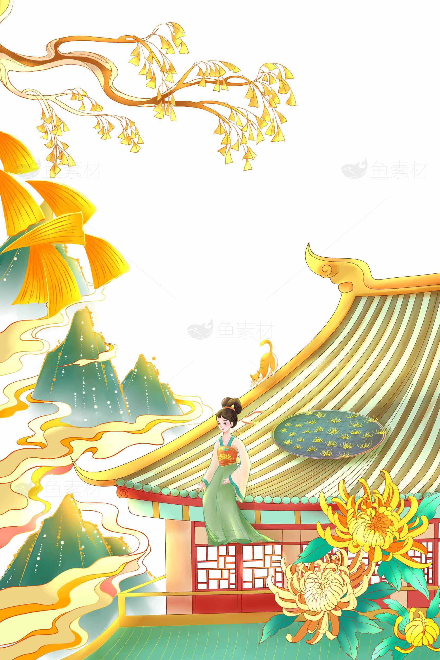 古风唯美插画：屋顶上的仕女与山水意境素材
