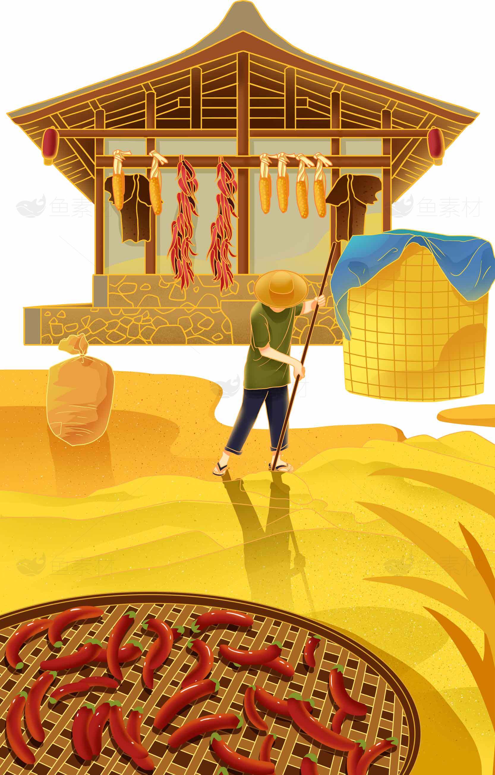 乡村农家晒秋场景插画素材