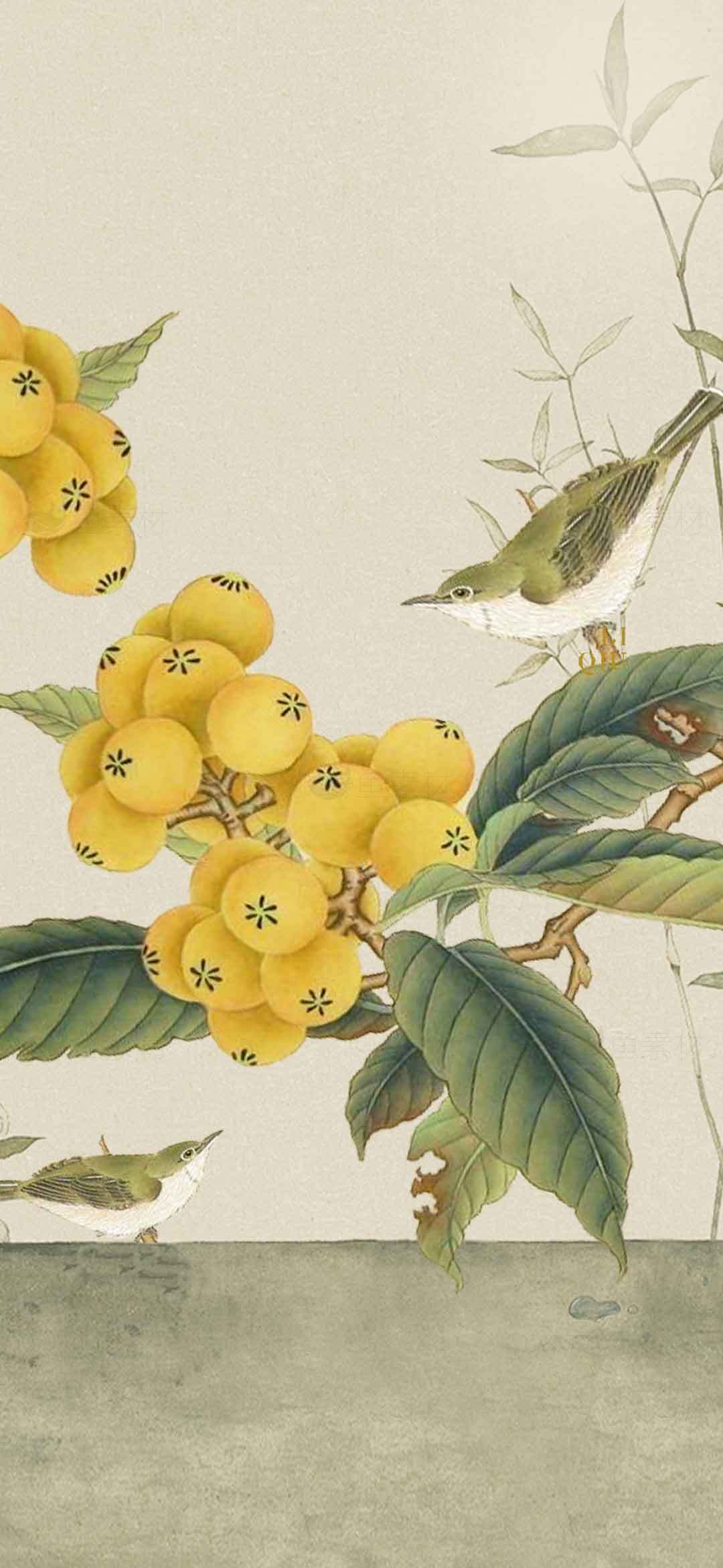 中国传统花鸟画：黄果与绿鸟的自然之美素材