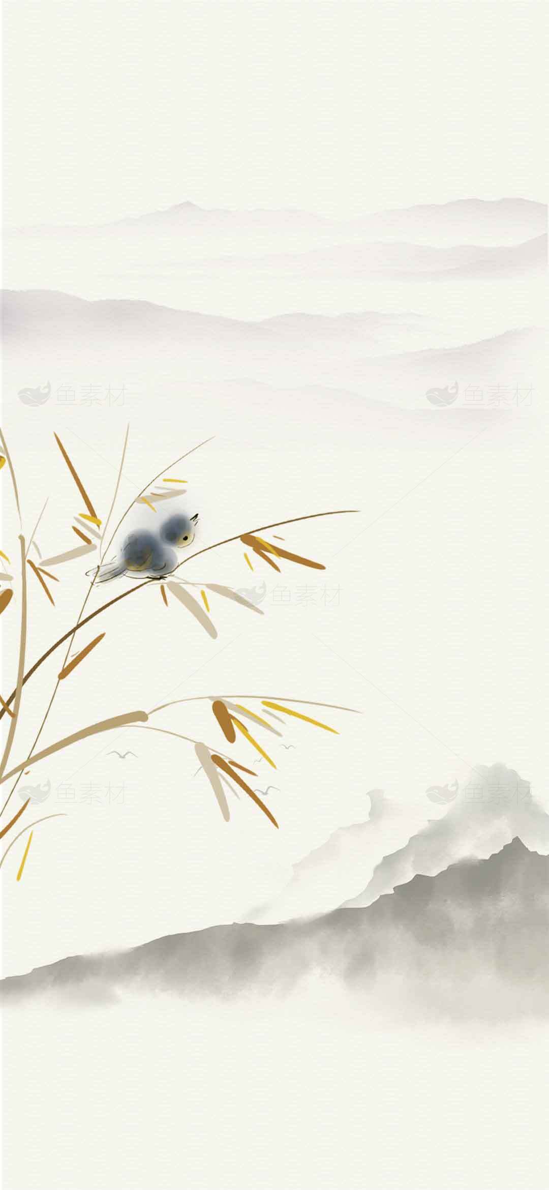 中国风水墨画竹子与小鸟背景图片素材