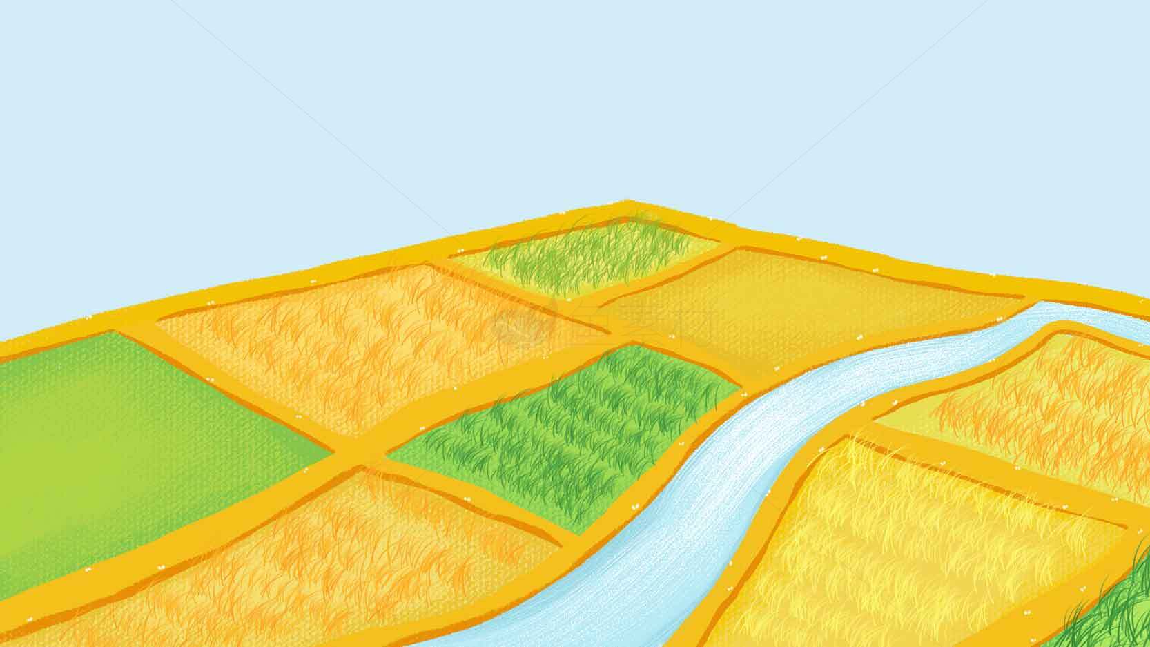 田园风光插画：金色稻田与河流交织的美景素材