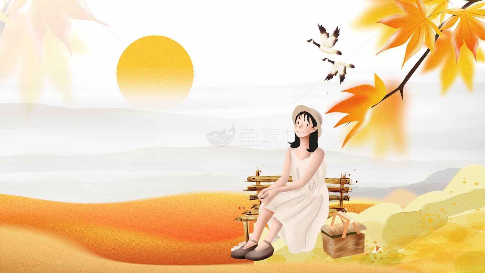 秋季田园风光插画：女孩与落叶的温暖时光素材