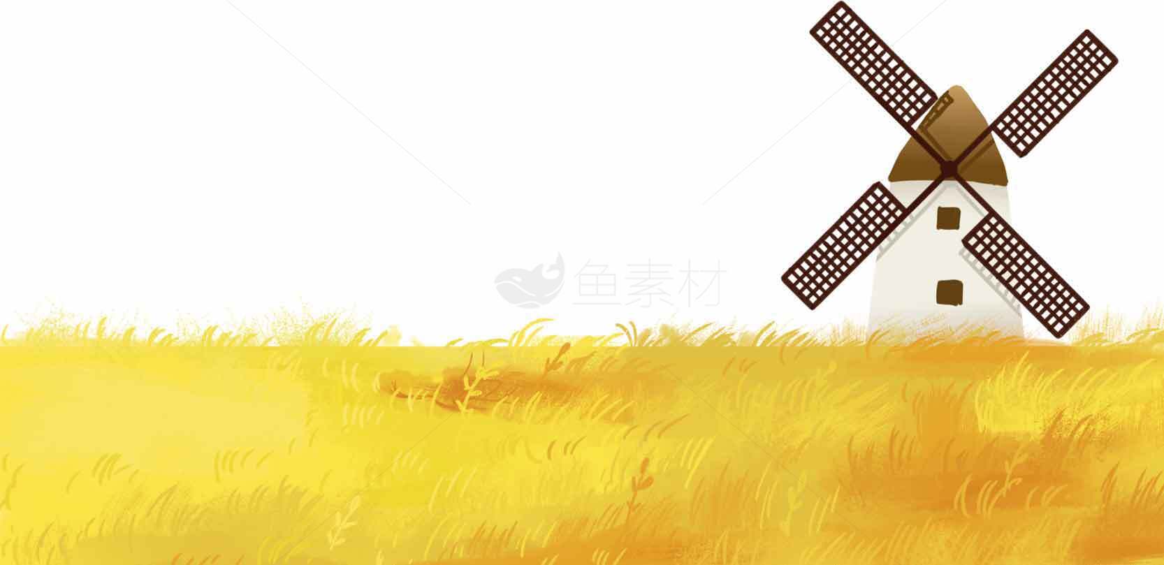 田园风光中的风车与金色麦田插画素材