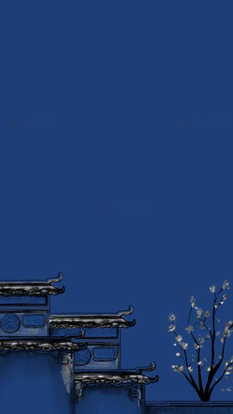 中国风蓝色古建筑与梅花背景图片素材