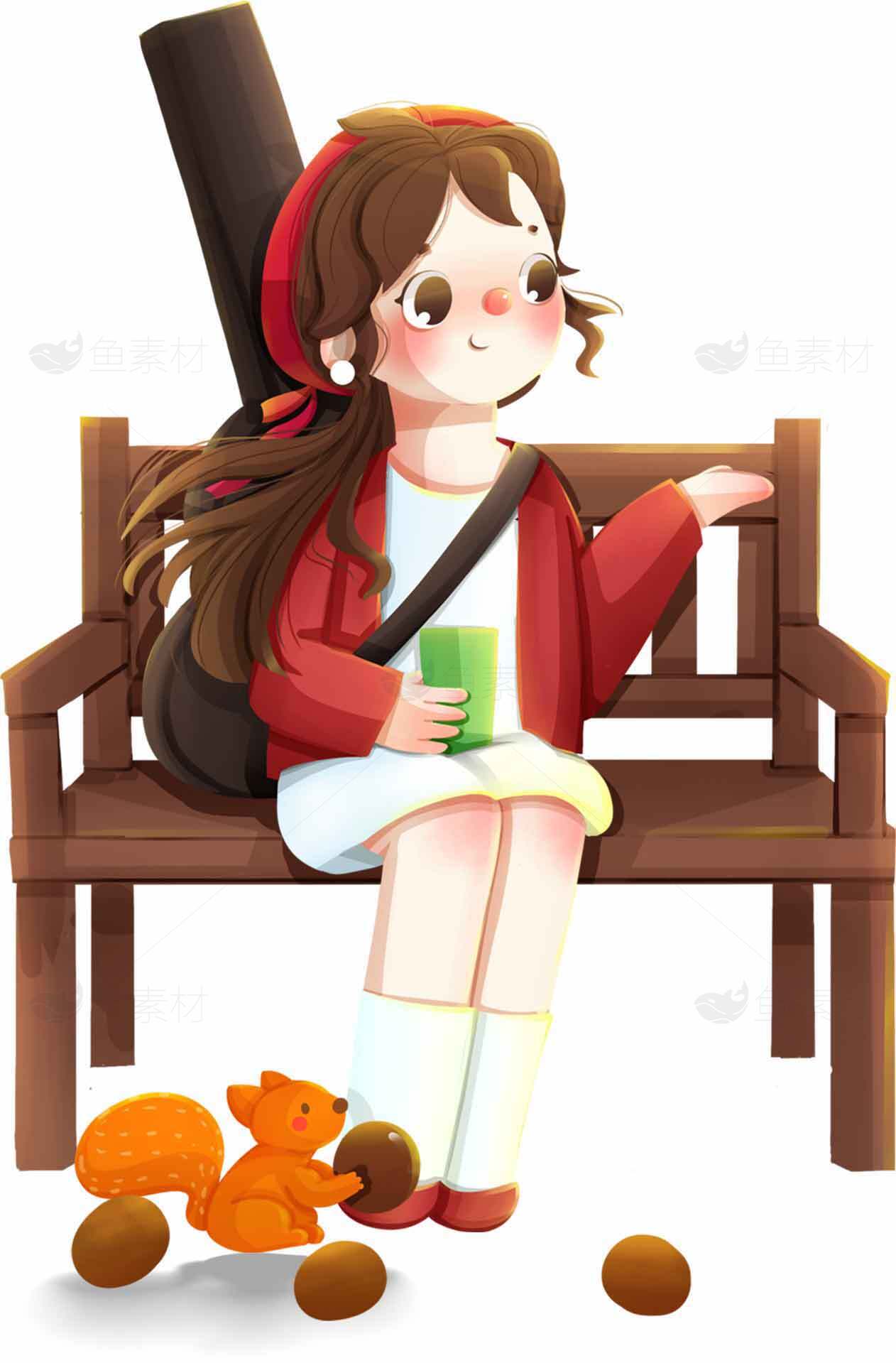 秋日公园女孩与松鼠插画素材