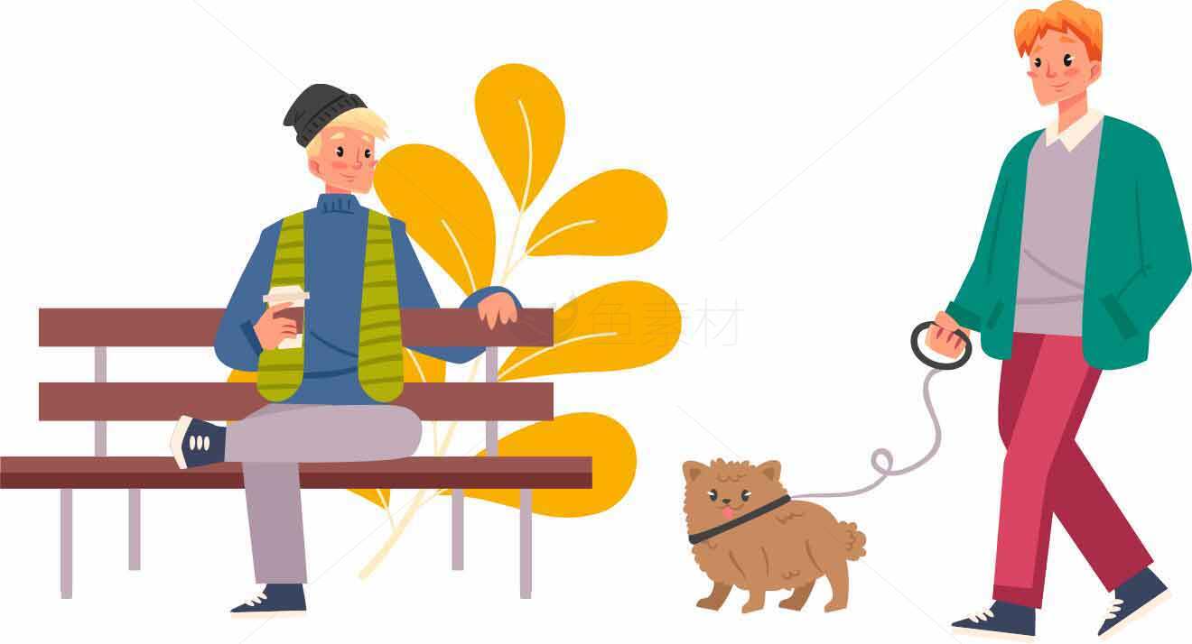 公园休闲场景插画：人与宠物互动素材