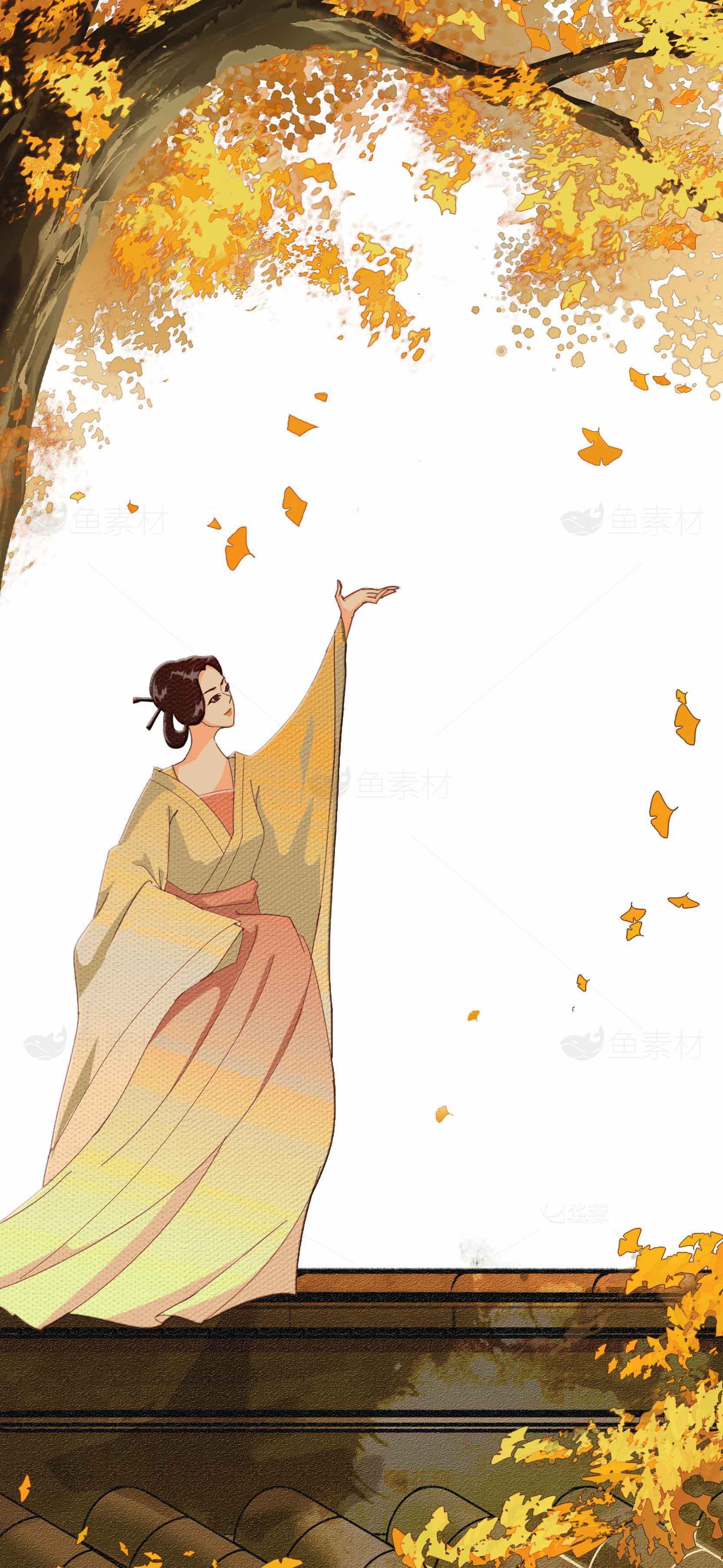 秋日古风唯美插画：落叶与仕女的浪漫邂逅素材