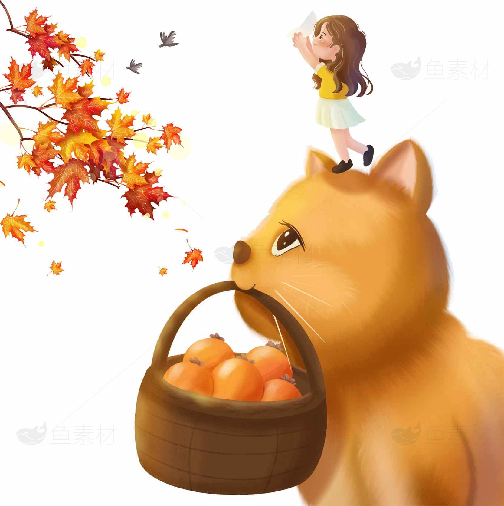 秋季童话插画：女孩与橙猫的温馨时光素材