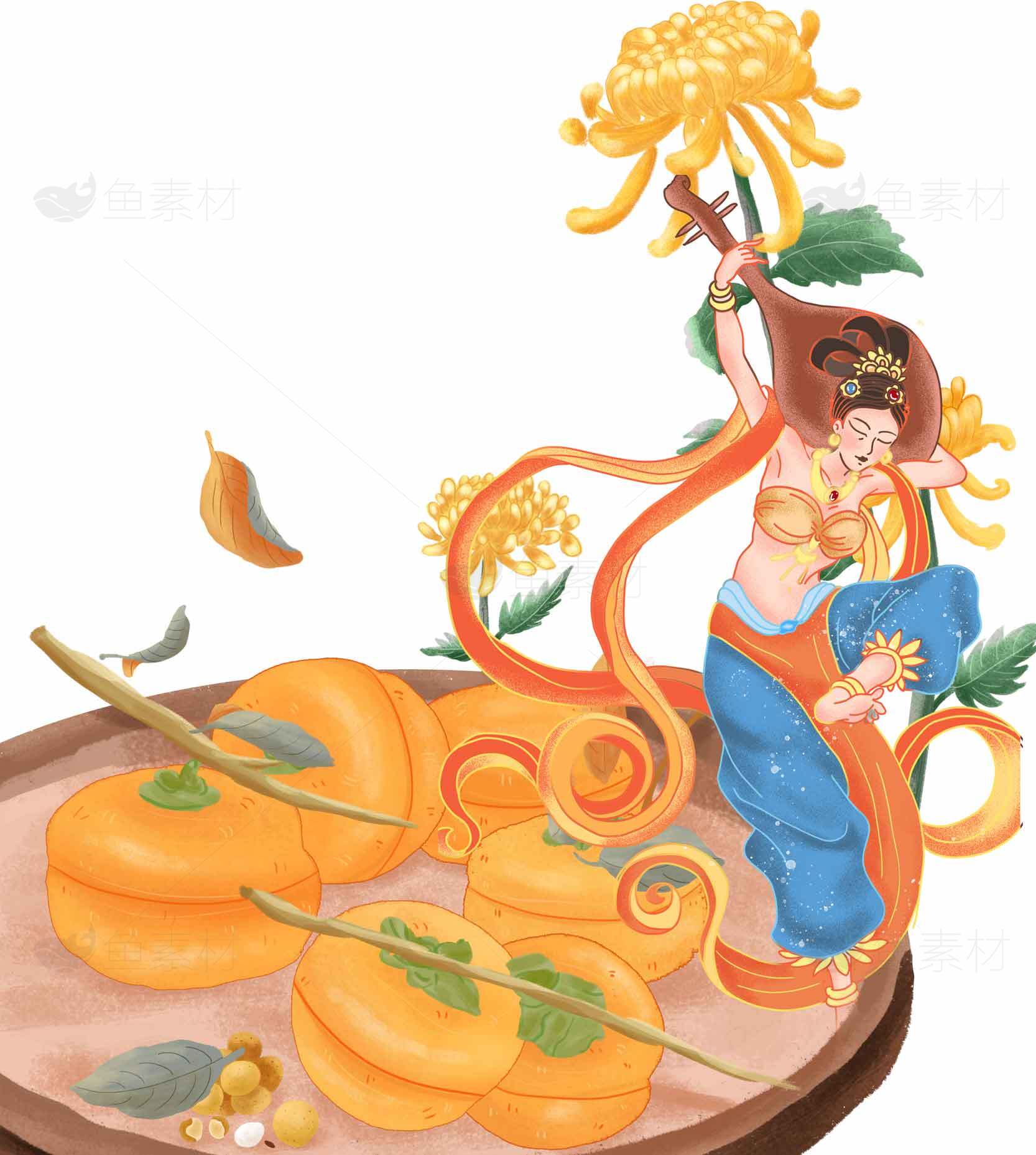丰收女神与金黄柿子插画素材