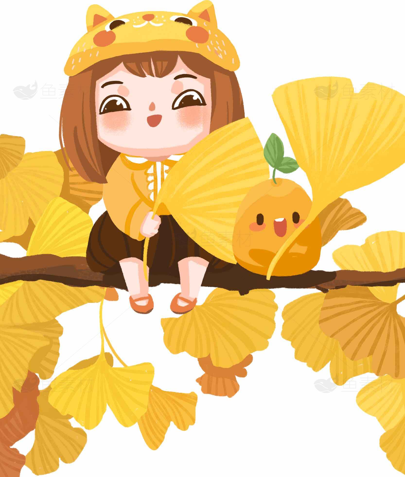 秋季童趣插画：女孩与银杏树上的小动物素材