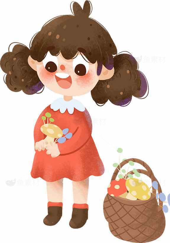 可爱卡通女孩与蘑菇篮插画素材