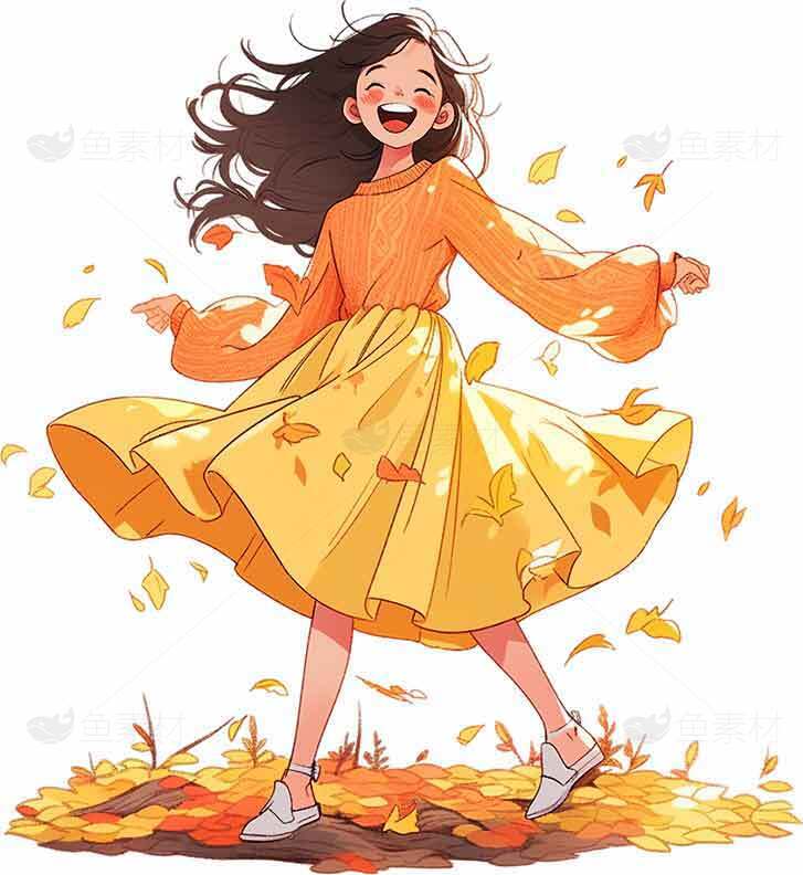 秋季落叶中的少女插画素材