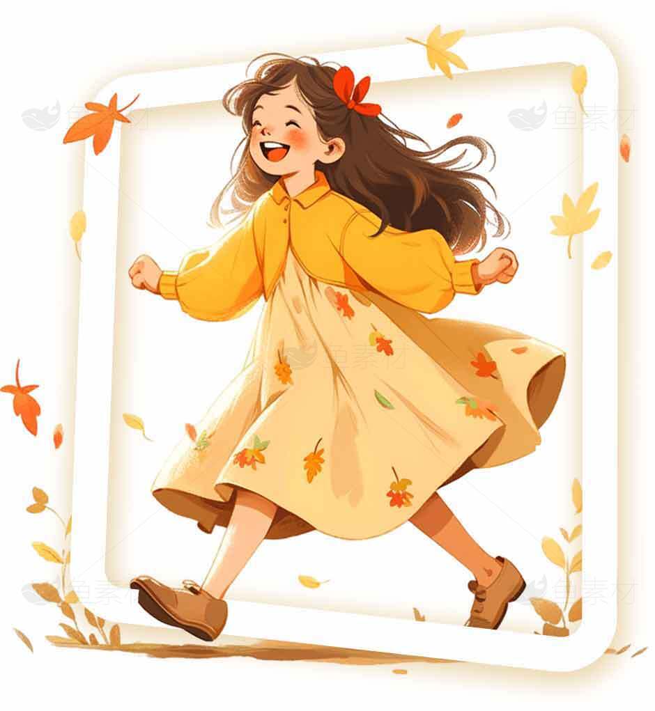 秋季童趣插画：女孩与落叶的温暖时光素材