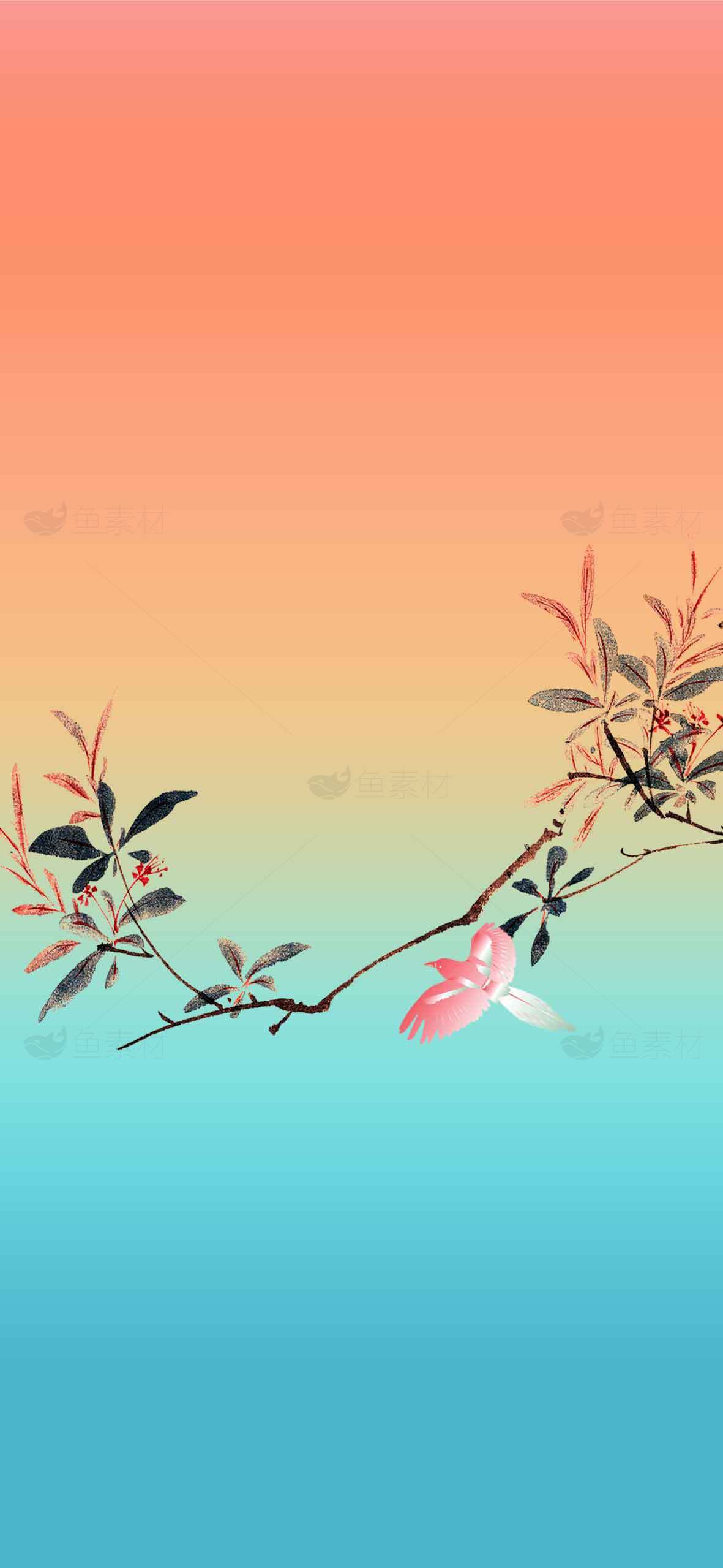 唯美渐变背景与花鸟插画设计素材