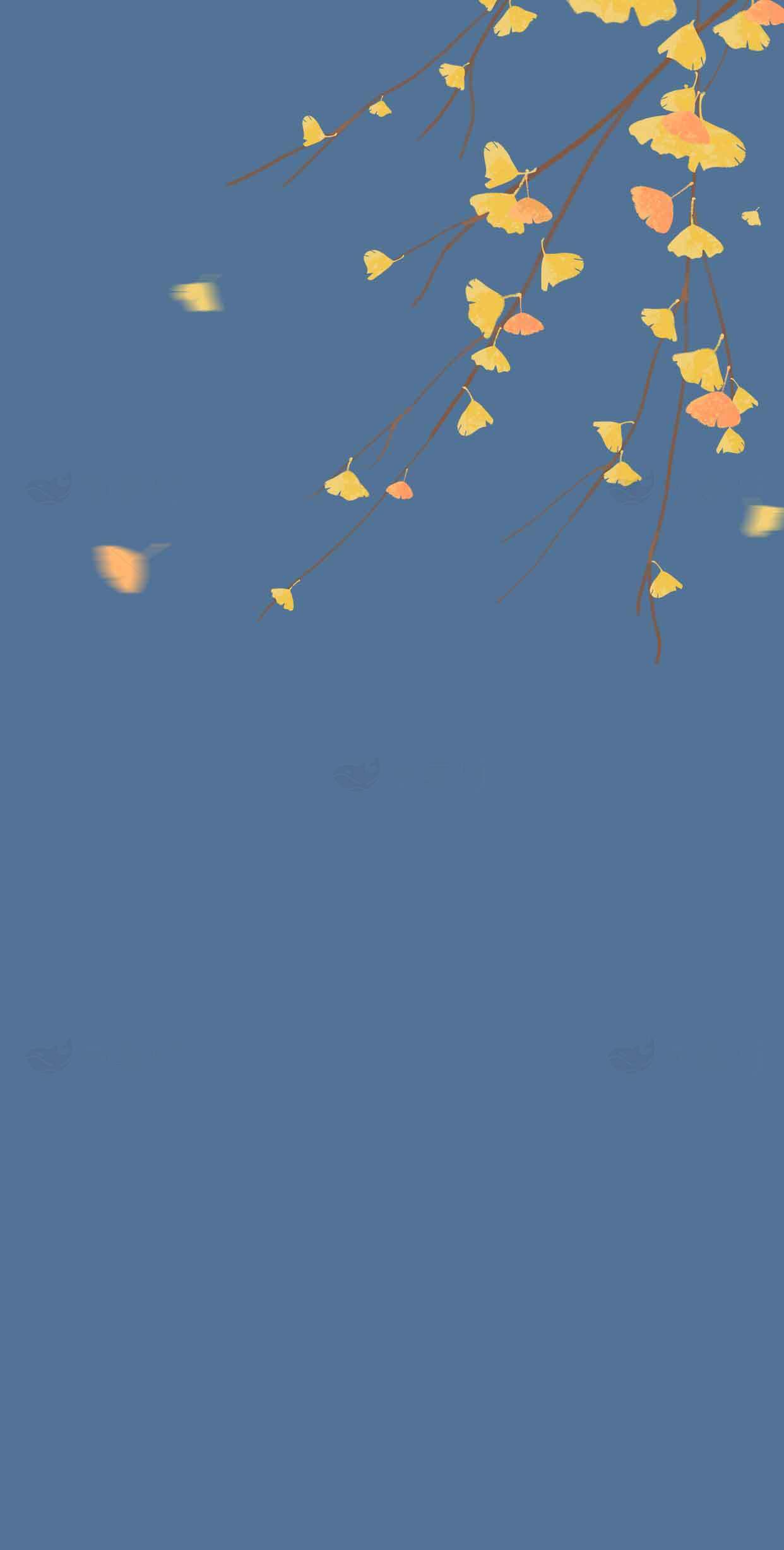 秋季蓝色背景与黄色落叶唯美壁纸素材