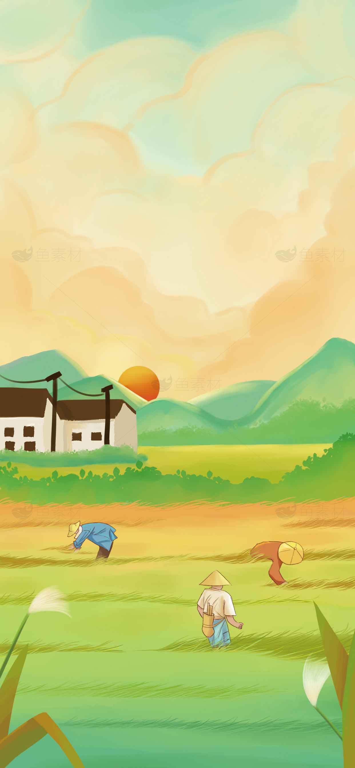 田园风光插画：农民劳作与乡村日出场景素材