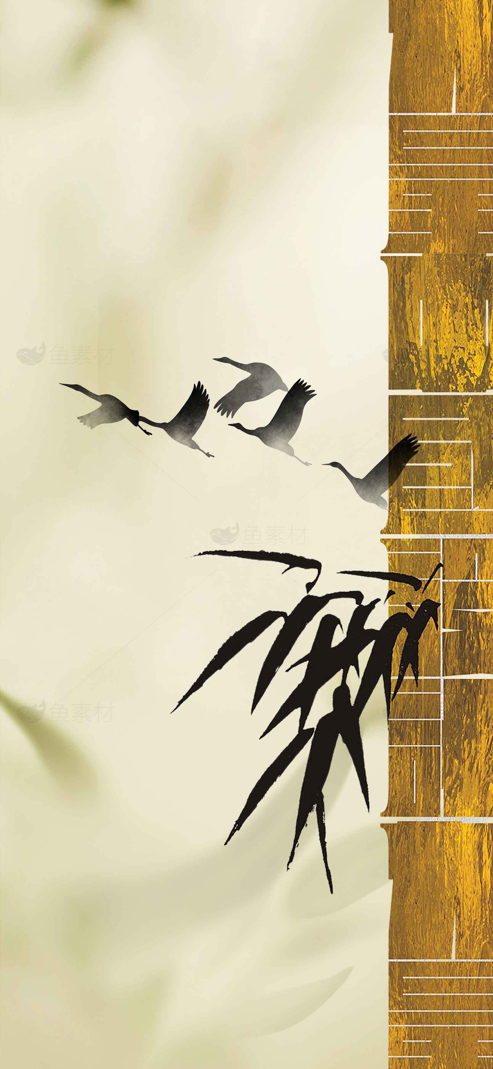 中国风水墨画竹子与飞鸟背景图片素材