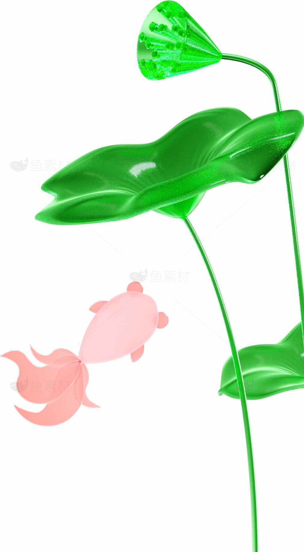 荷叶与粉色金鱼的唯美插画素材