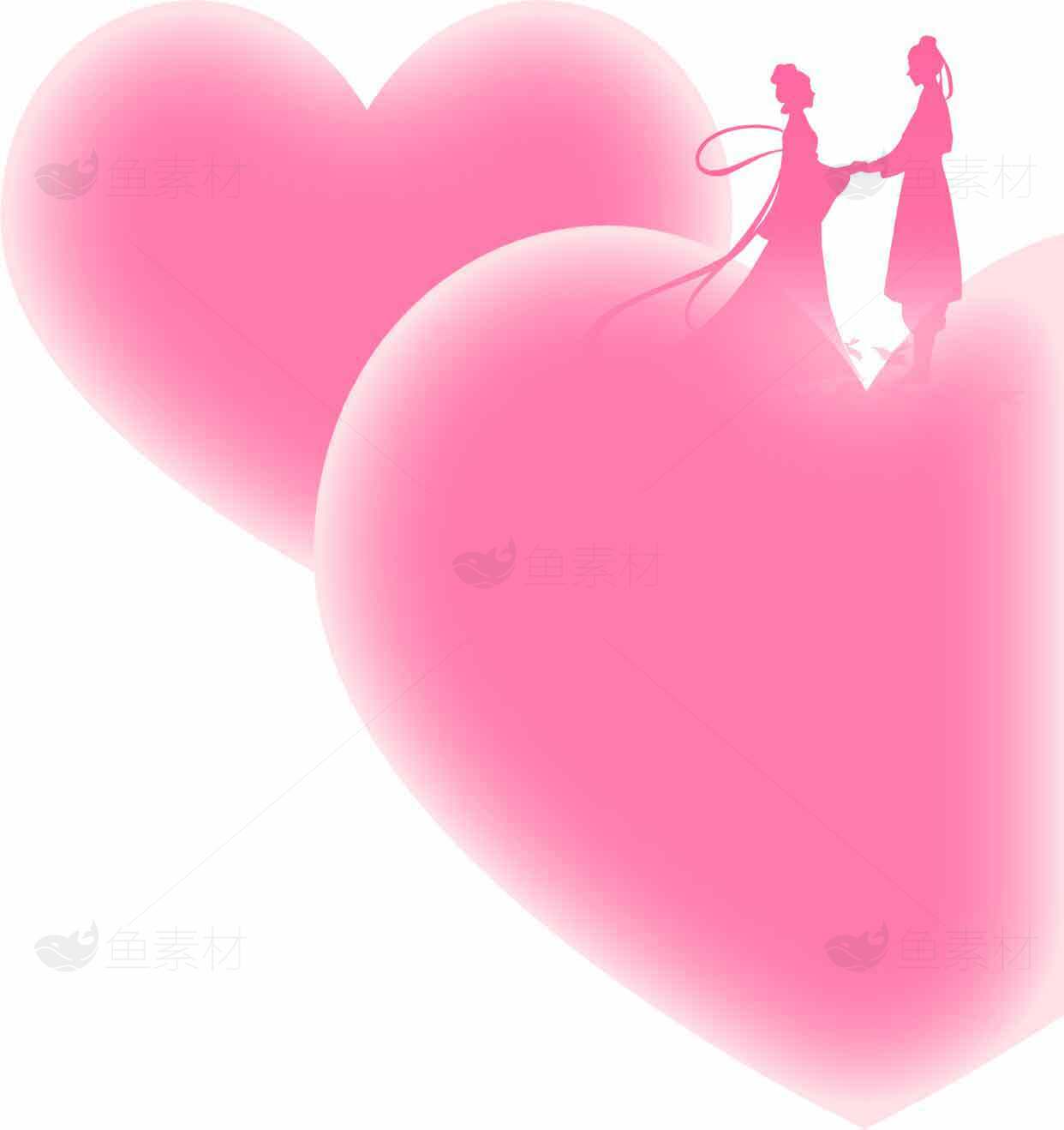 浪漫粉色心形背景情侣剪影图片素材