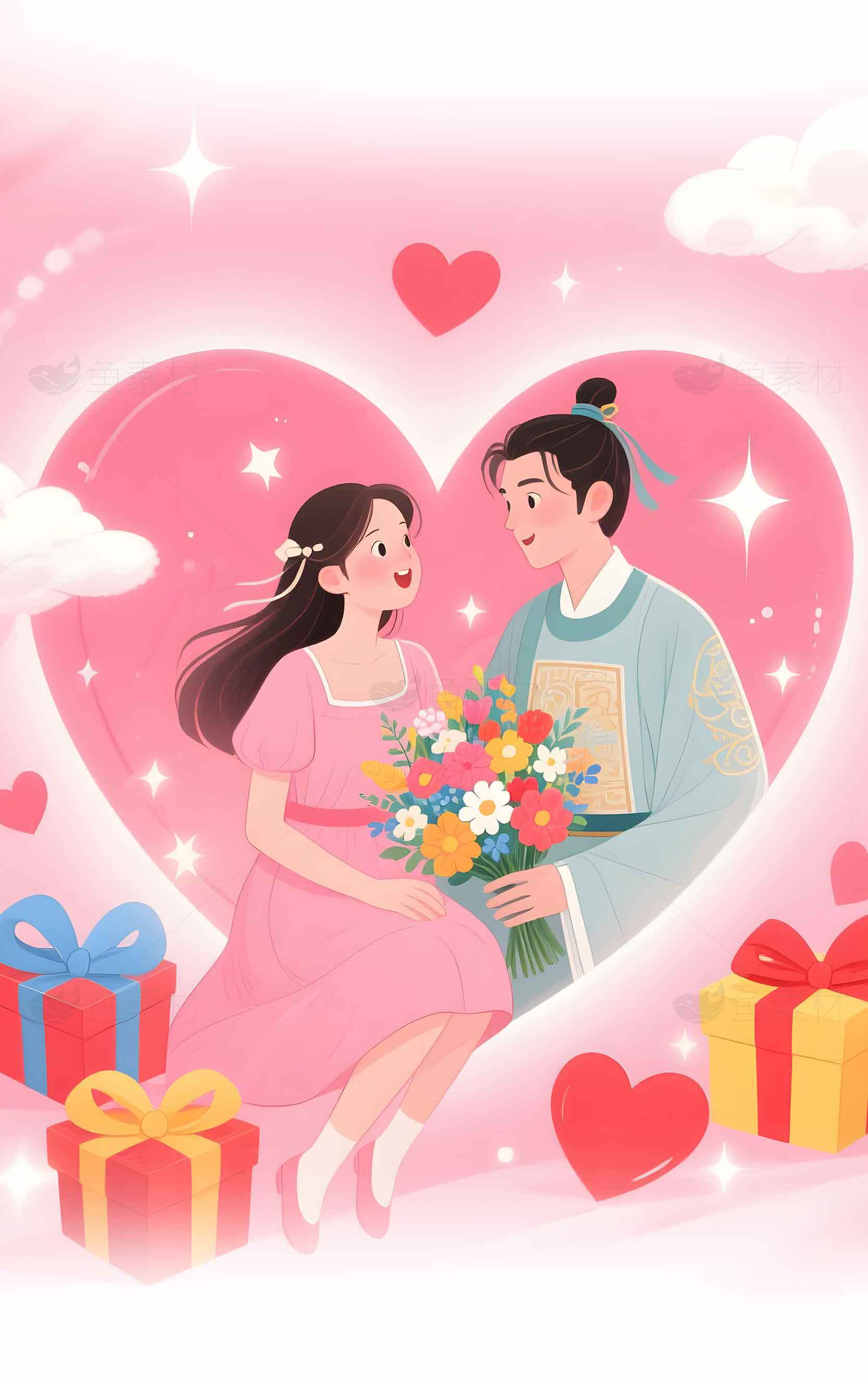 浪漫七夕情侣插画背景图片素材