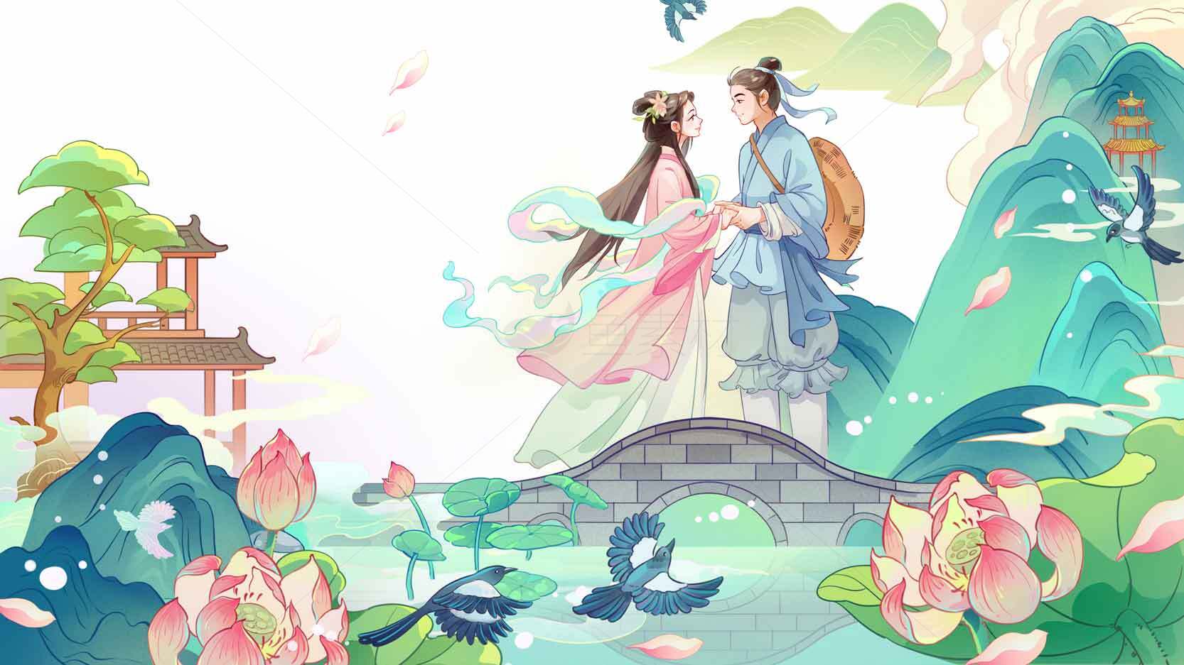 中国古风情侣插画唯美场景素材