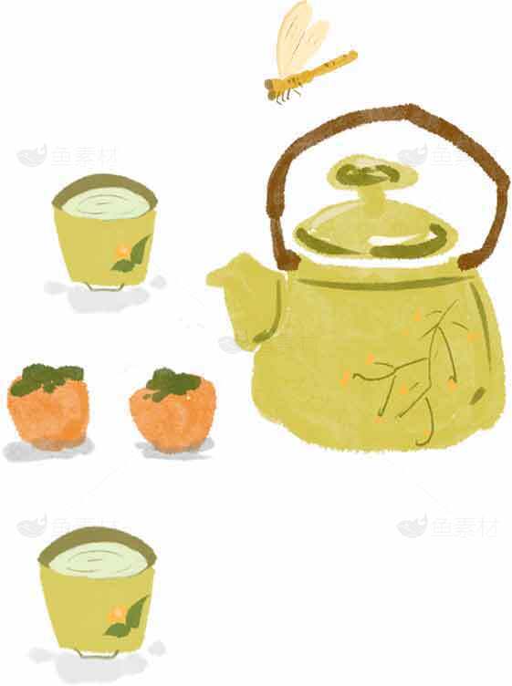秋日茶壶与柿子插画设计素材